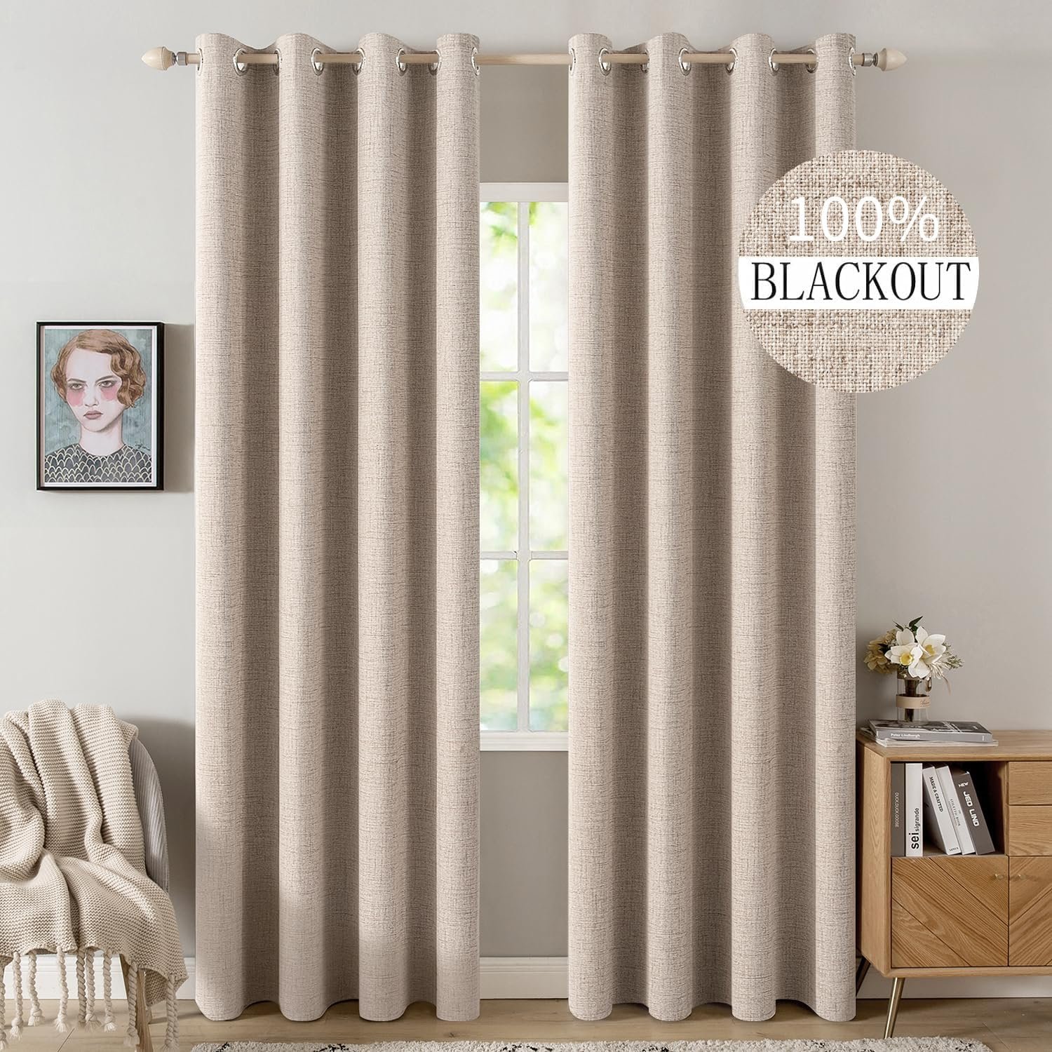 MIULEE 100% Blackout Linen Curtains for Bedroom 52×90 Inches Natural Beige