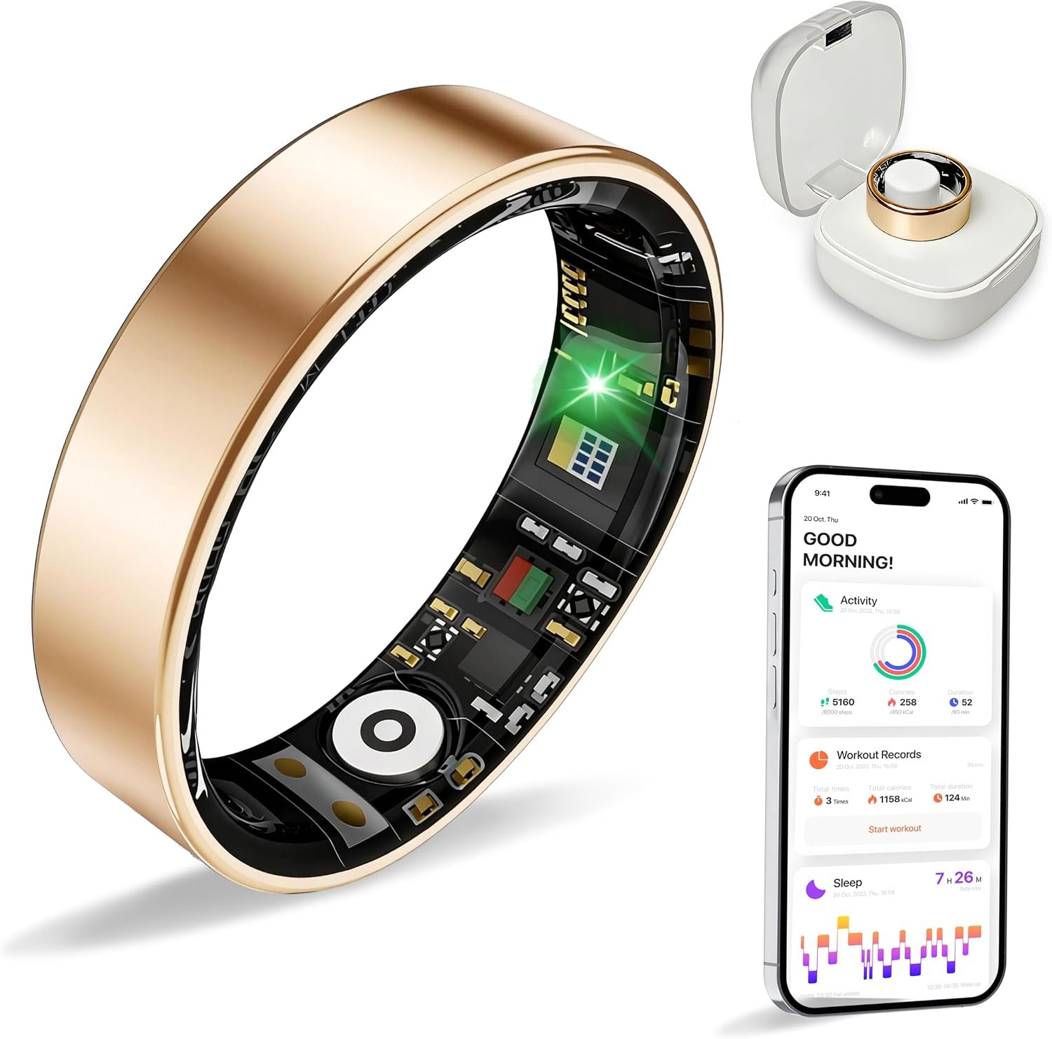 Women Men Smart Ring Health Tracker, Sleep Exercise Health Monitoring Wearable Device, IP68 Waterproof, iOS/Android Compatible, No Subscription Required, 5‑Day Long Lasting Battery (Rose Gold, 11)