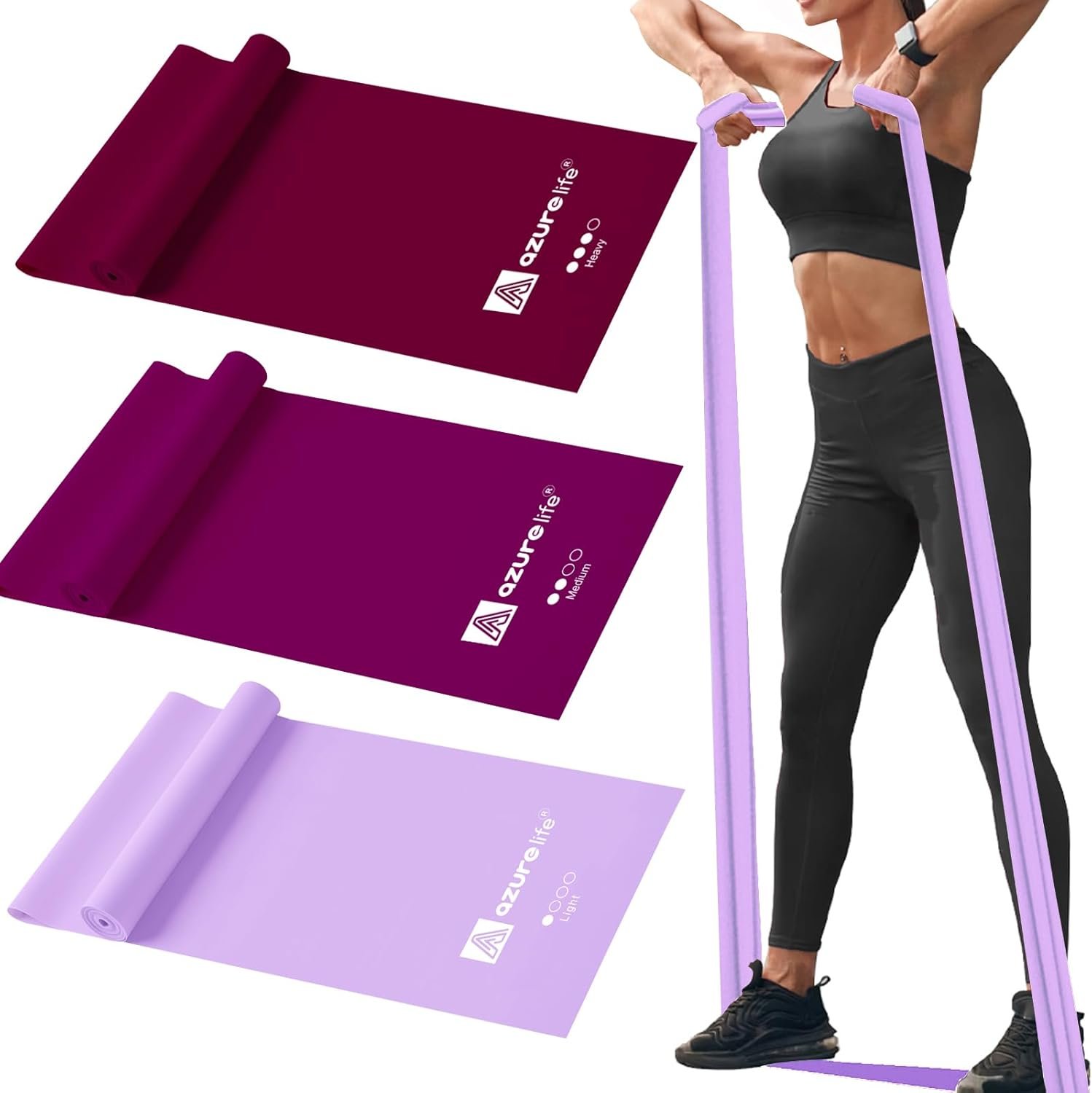 A AZURELIFE Resistance Bands,Professional Long Non-Latex Elastic Stretch Bands,Exercise Bands for Physical Therapy, Yoga, Pilates, Rehab, at-Home or The Gym Workouts, Strength Training