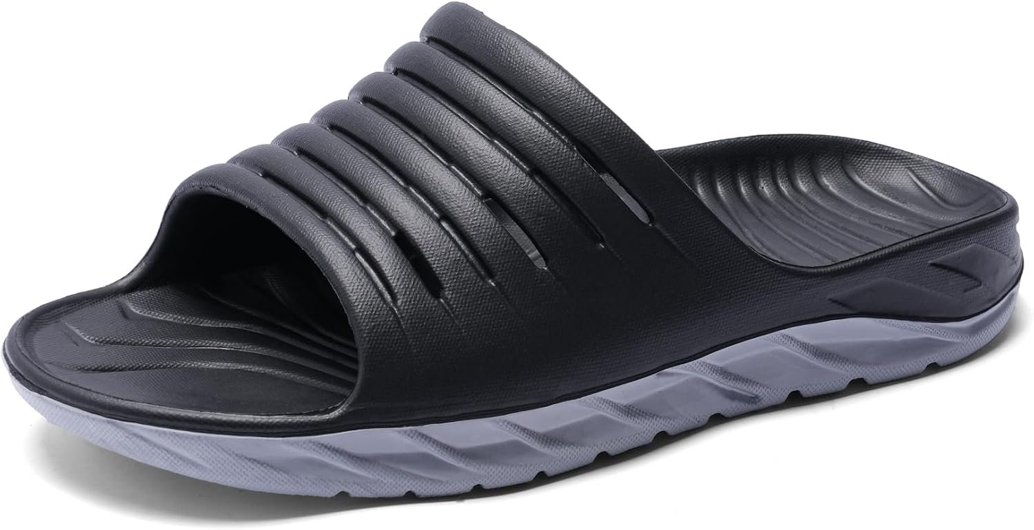 Men’s Recovery Sandals Arch Support Orthotic Slip On Slides Cushioning for Plantar Fasciitis Post-Exercise Foot & Joint Relief (9 Men, BlackGray)