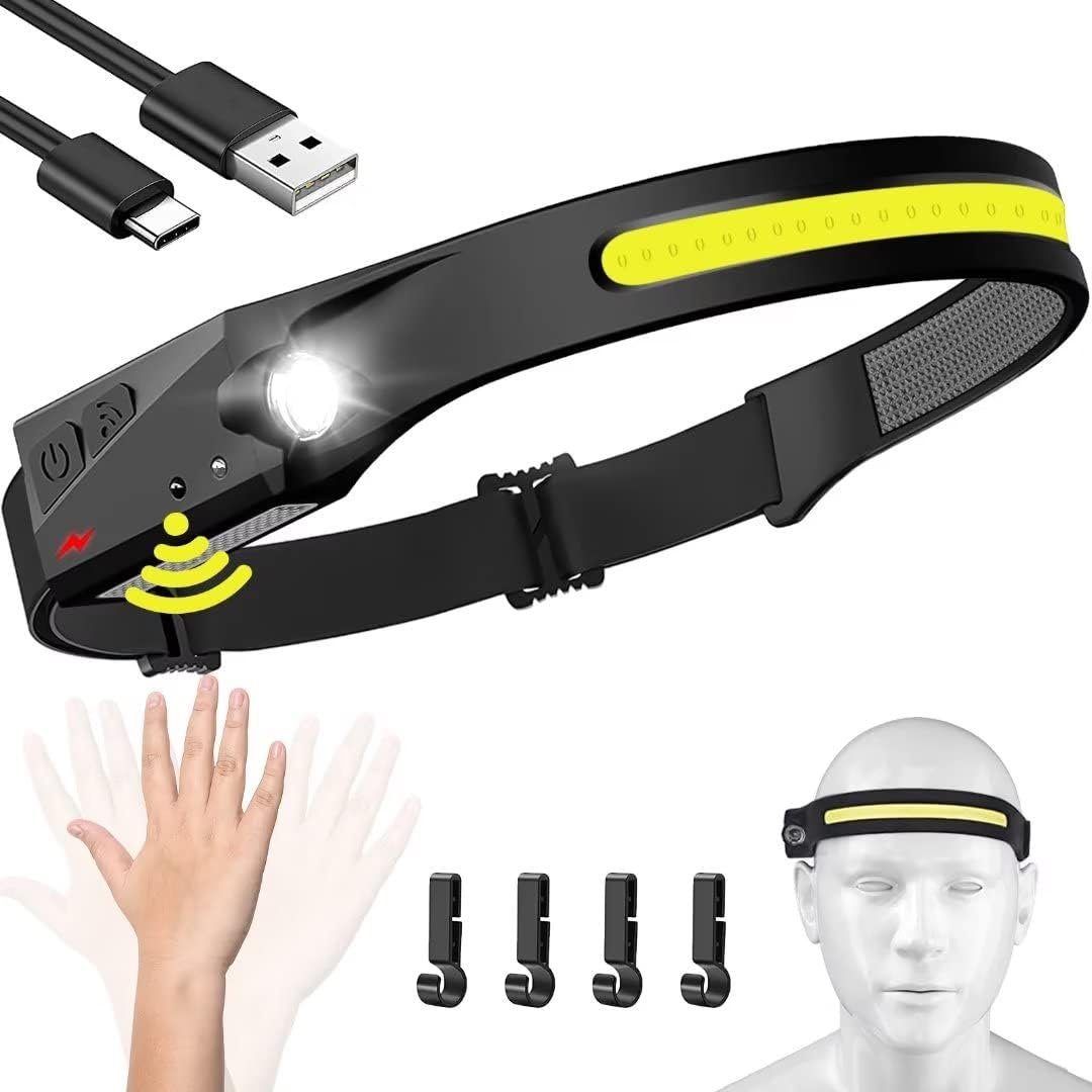 Headlamp Rechargeable, 230° Wide Beam Head Lamp LED with Motion Sensor for Adults – Camping Accessories Gear, Waterproof Head Light Flashlight for Hiking, Running, Repairing, Fishing, Cycling