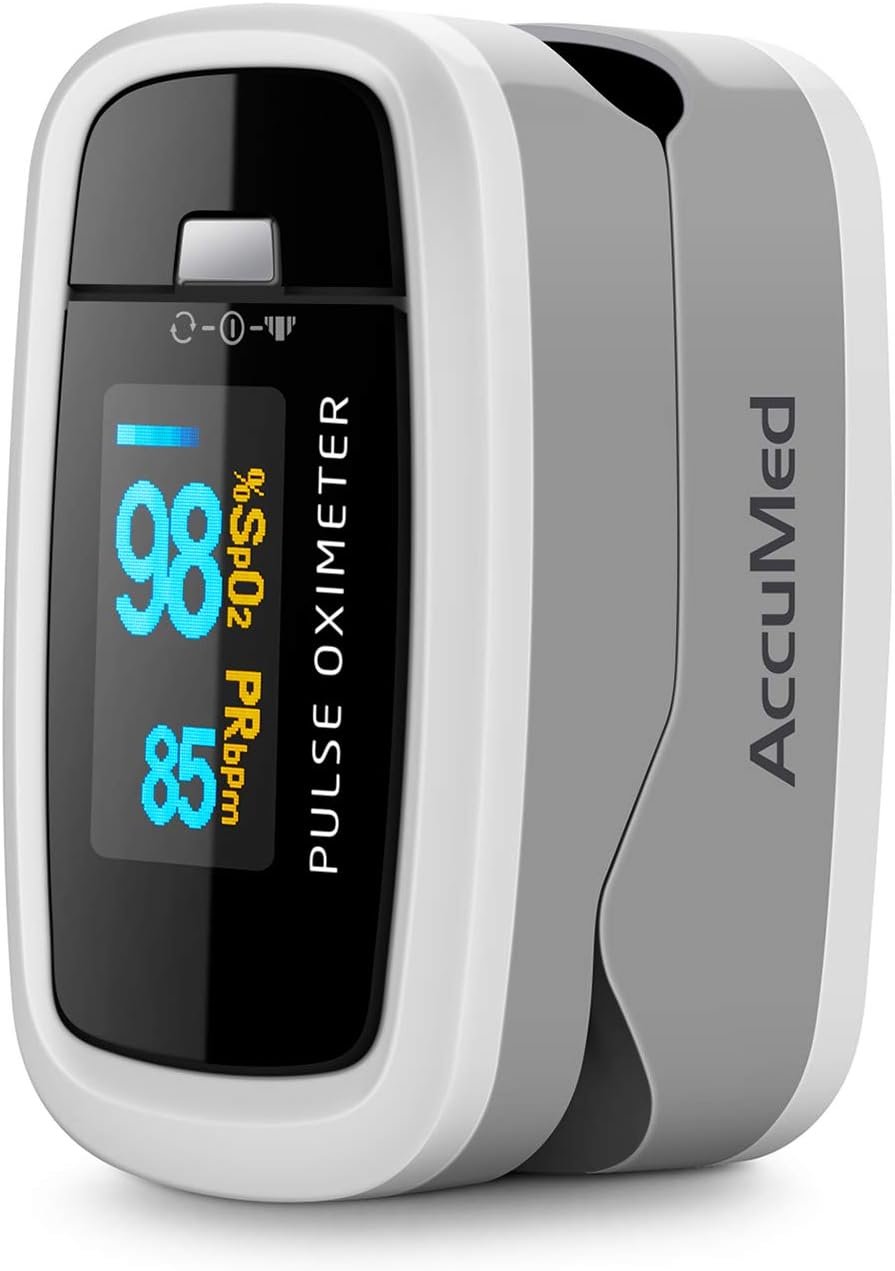 AccuMed CMS-50D1 Fingertip Pulse Oximeter Blood Oxygen Sensor SpO2 for Sports and Aviation. Portable and Lightweight with LED Display, 2 AAA Batteries, Lanyard and Travel Case (White)