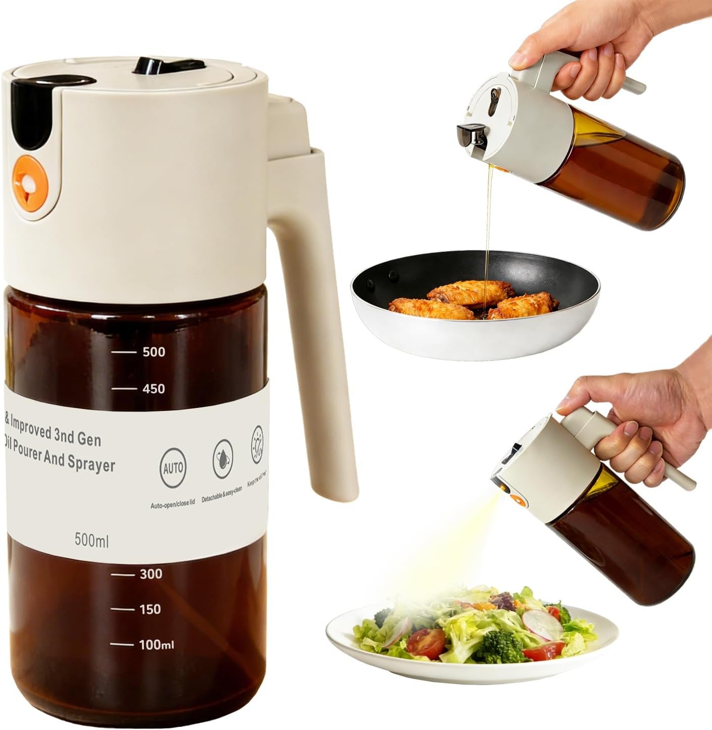 2 in 1 Oil Sprayer & Dispenser for Cooking, 500ml Light-Blocking Glass Olive Oil Bottle with Gravity Sensing Cap, Ergonomic Push-Button Design for Air Fryer, BBQ, Salad