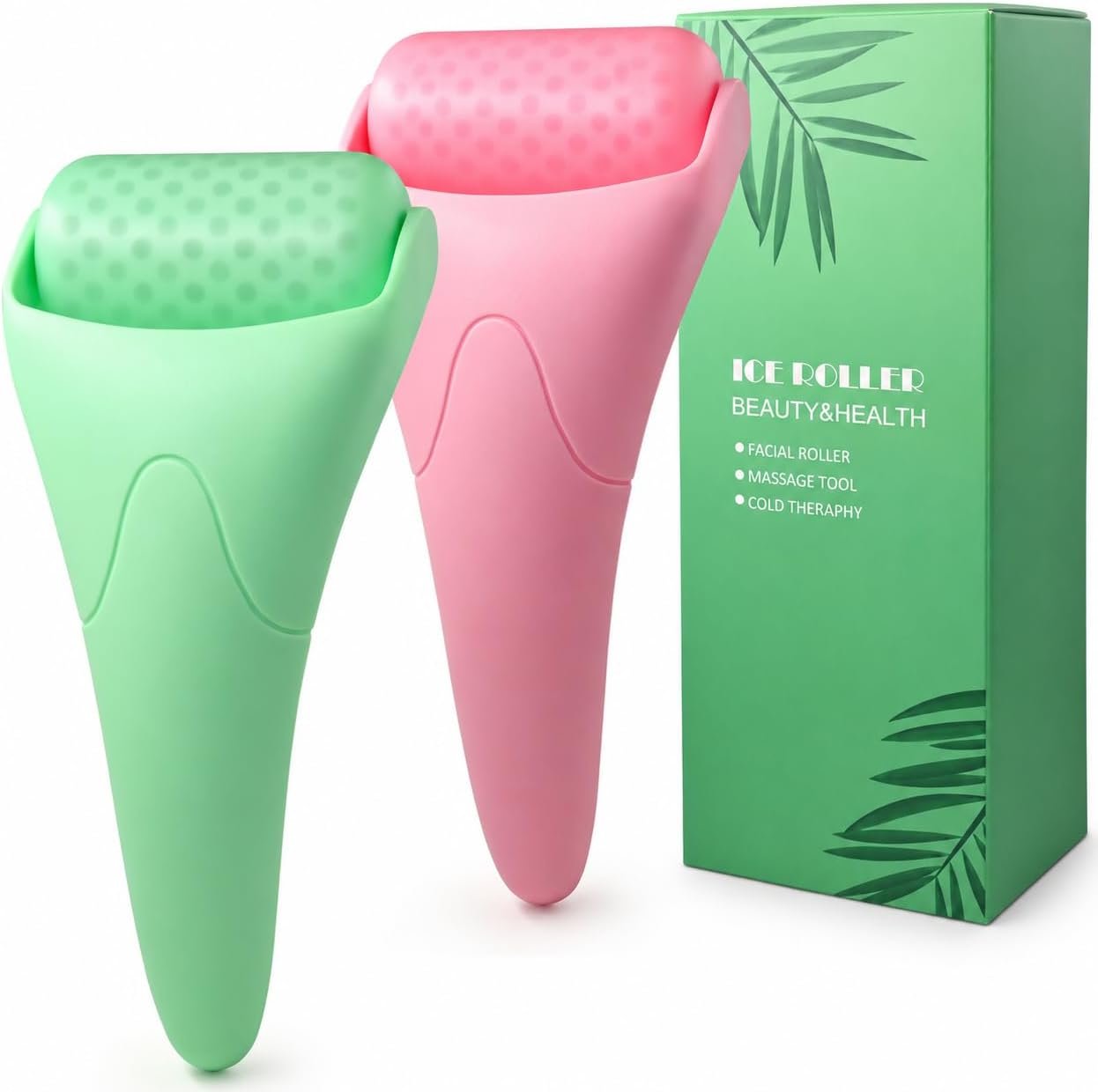 2 Pack Ice Roller for Face and Body Massage, Facial Roller Skin Care Tool for Reduce Wrinkles and Puffiness, Migraine Pain Relief and Skin Tighten, Cold Therapy for Cooling and Calming.(Pink+Green)