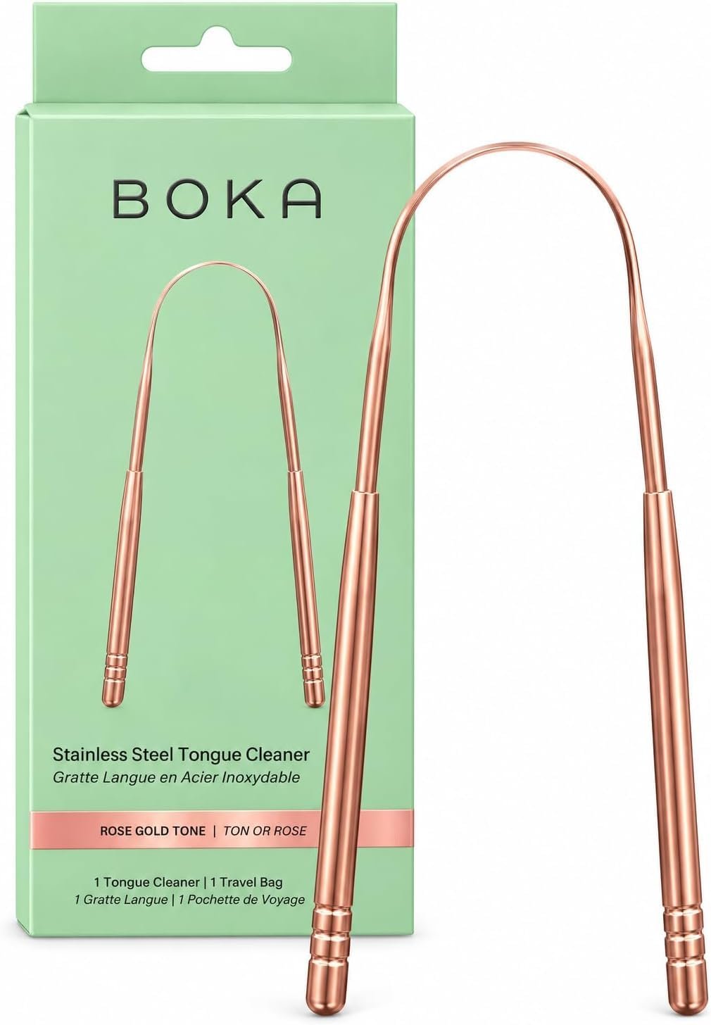 Boka Stainless Steel Tongue Scraper – Rose Gold Tone – 1 Pack