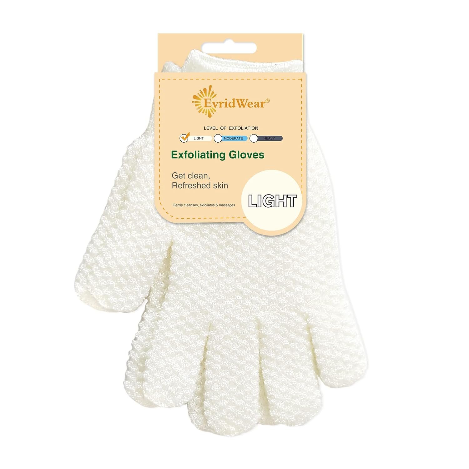 Evridwear Exfoliating Dual Texture Bath Gloves for Shower, Spa, Massage and Body Scrubs, Dead Skin Cell Remover, Gloves with Hanging Loop (1 Pair Light)
