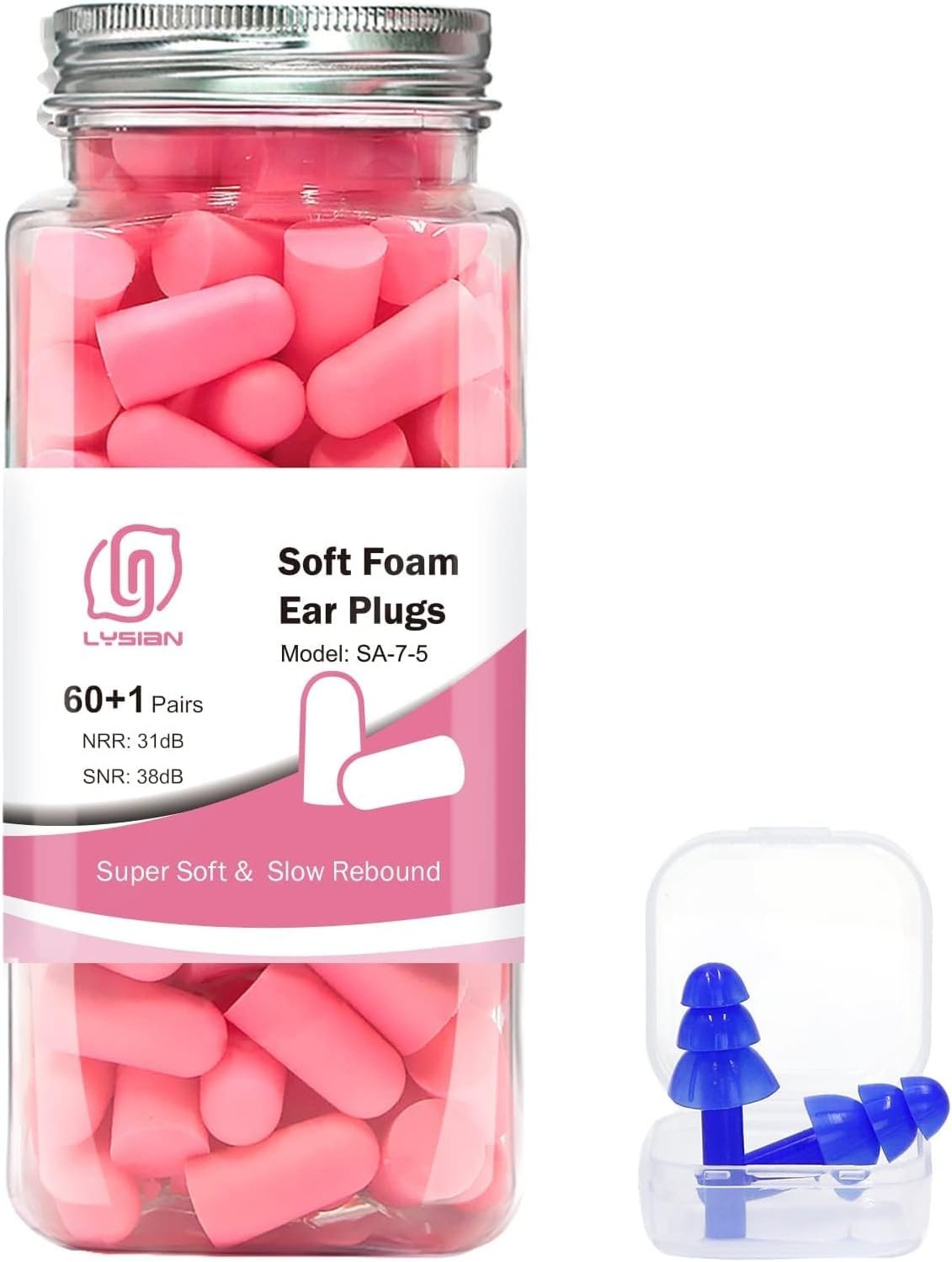 LYSIAN Soft Foam Ear Plugs for Sleeping, 60 Pairs, 38dB SNR, Pink