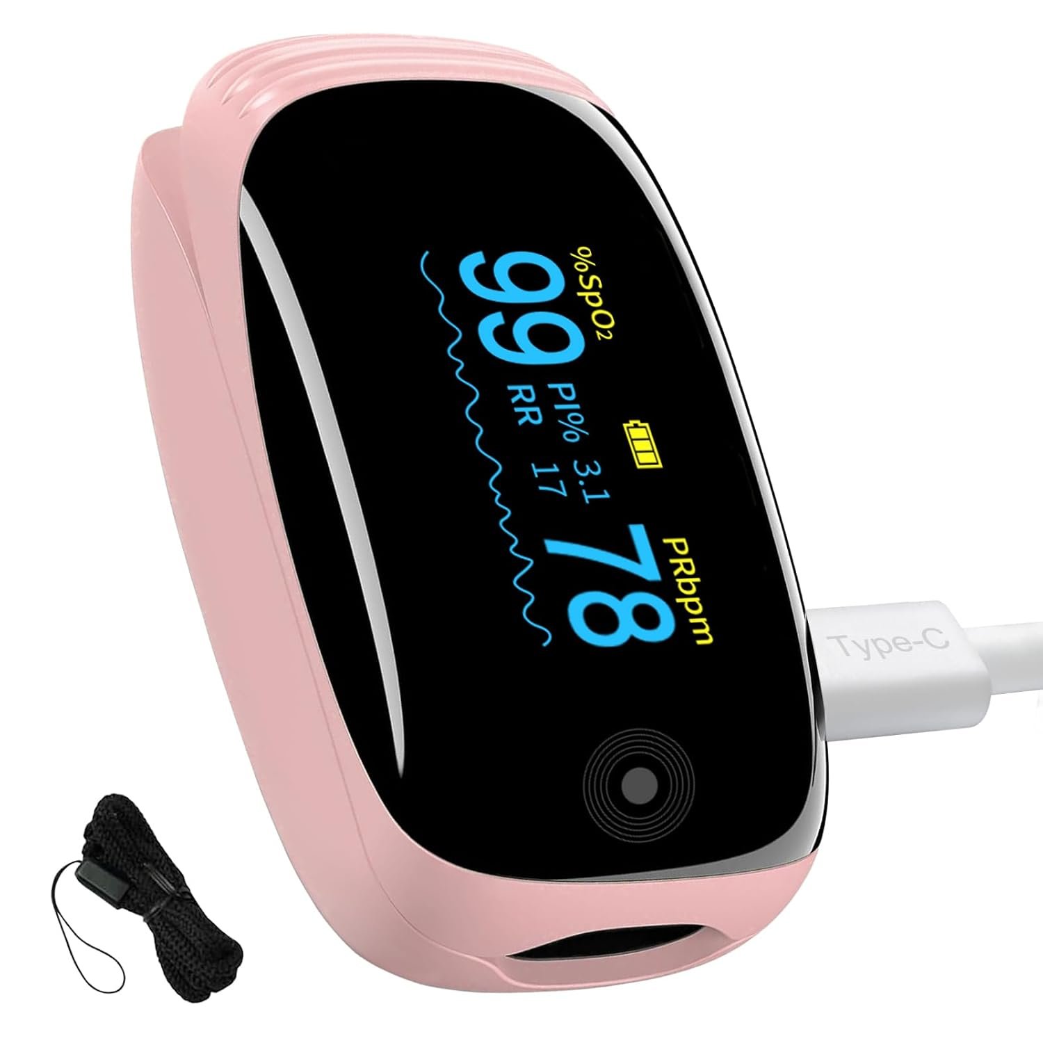 Rechargeable Pulse Oximeter with Respiration, Pink OLED Display Fingertip Oxygen Monitor, Track SpO2 Pulse Rate PI and RR, Fast Accurate Reading Lanyard Included for Home and Outdoor Sports