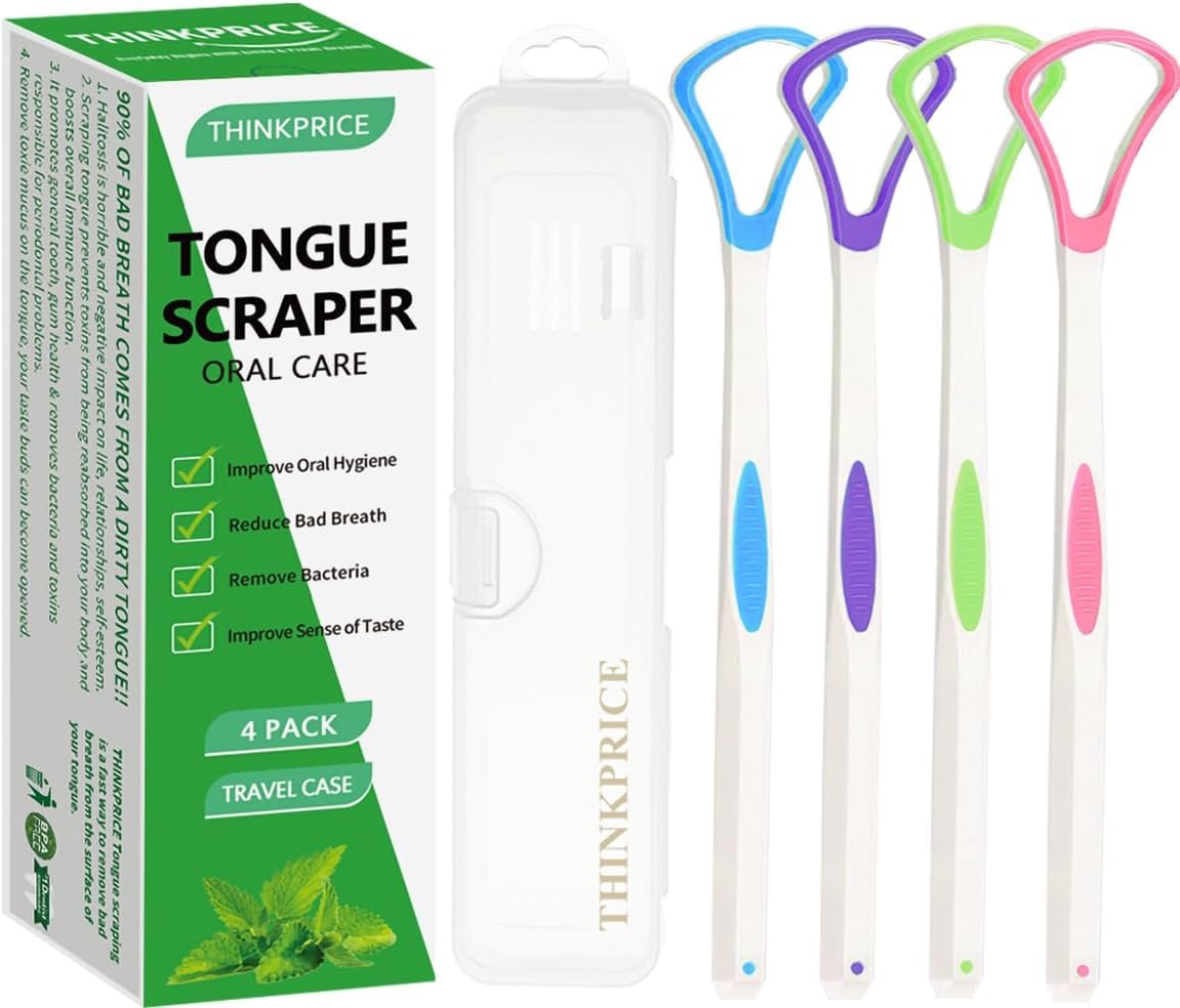 Tongue Scraper Cleaner 100% BPA Free Tongue Scrapers with Travel Handy Case for Adults, Kids, Healthy Oral Care, Easy to Use, Help Fight Bad Breath (4 PACK)
