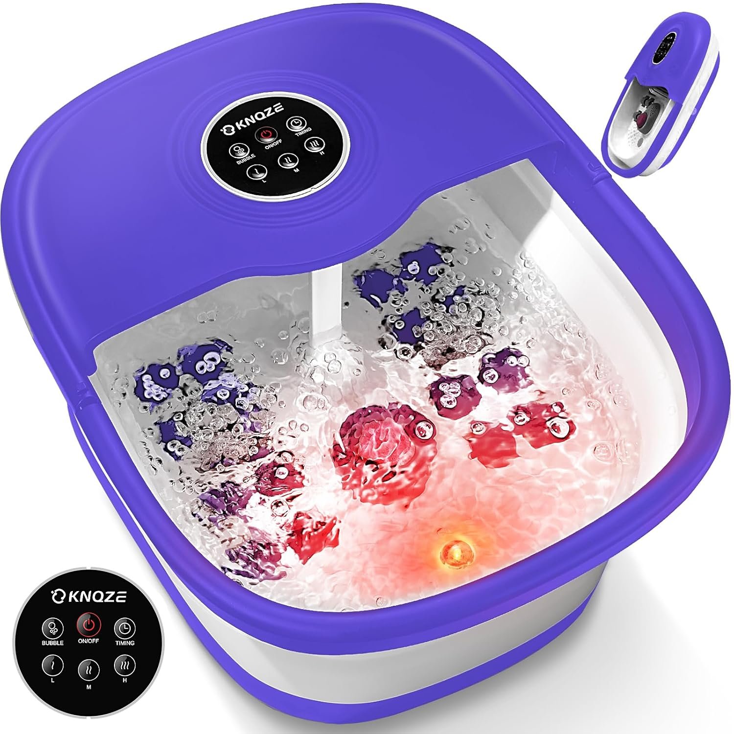 KNQZE Collapsible Foot Spa Bath with Heat & Bubble, Foot Soaking Tub with Timer and Red Light, 16 Rollers & Pumice Stone, Enjoy Warm Water Foot Bath, Gift for Wife and Mom, Purple