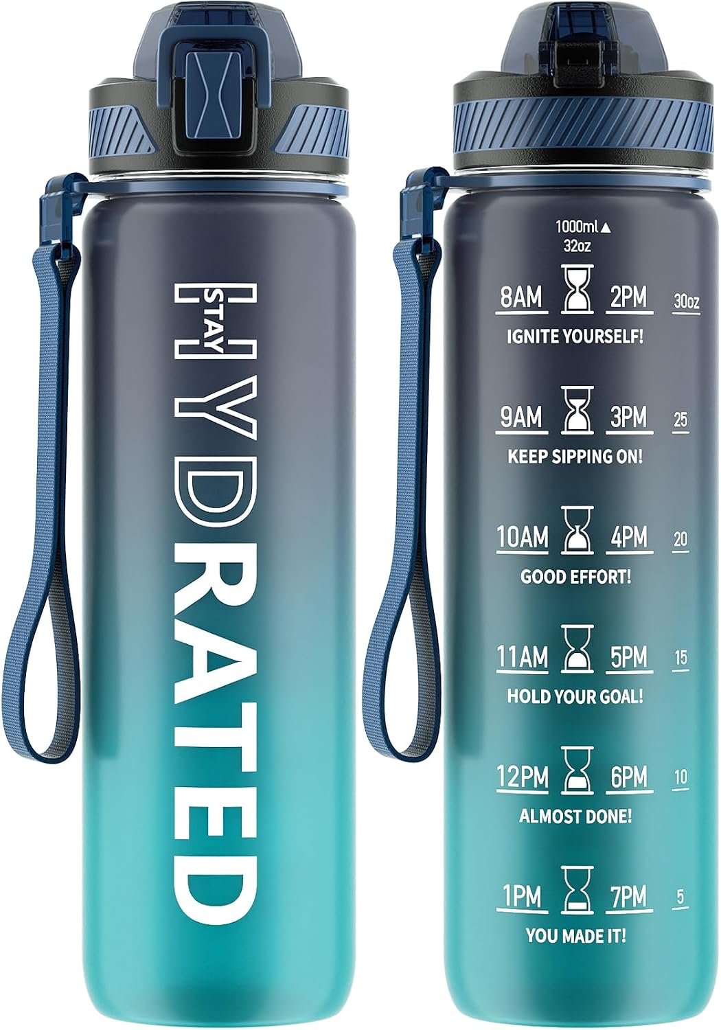QLUR Water Bottle with Straw, 32oz Sports Water Bottles with Time Marker