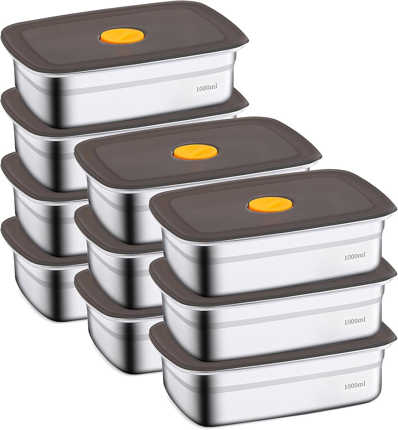 10 Pack Stainless Steel Food Storage Containers with Airtight Leak-Proof Lids, 34oz Reusable Meal Prep Lunch Boxes, Freezer & Dishwasher Safe Metal Containers for Leftovers & Snacks