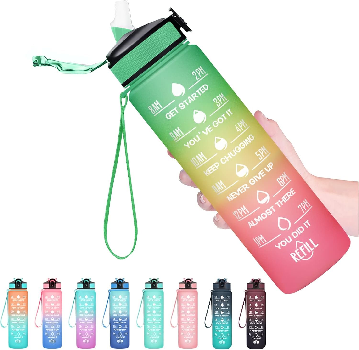 Hyeta Water Bottle with Straw & Time Marker, Plastic 32oz Leakproof