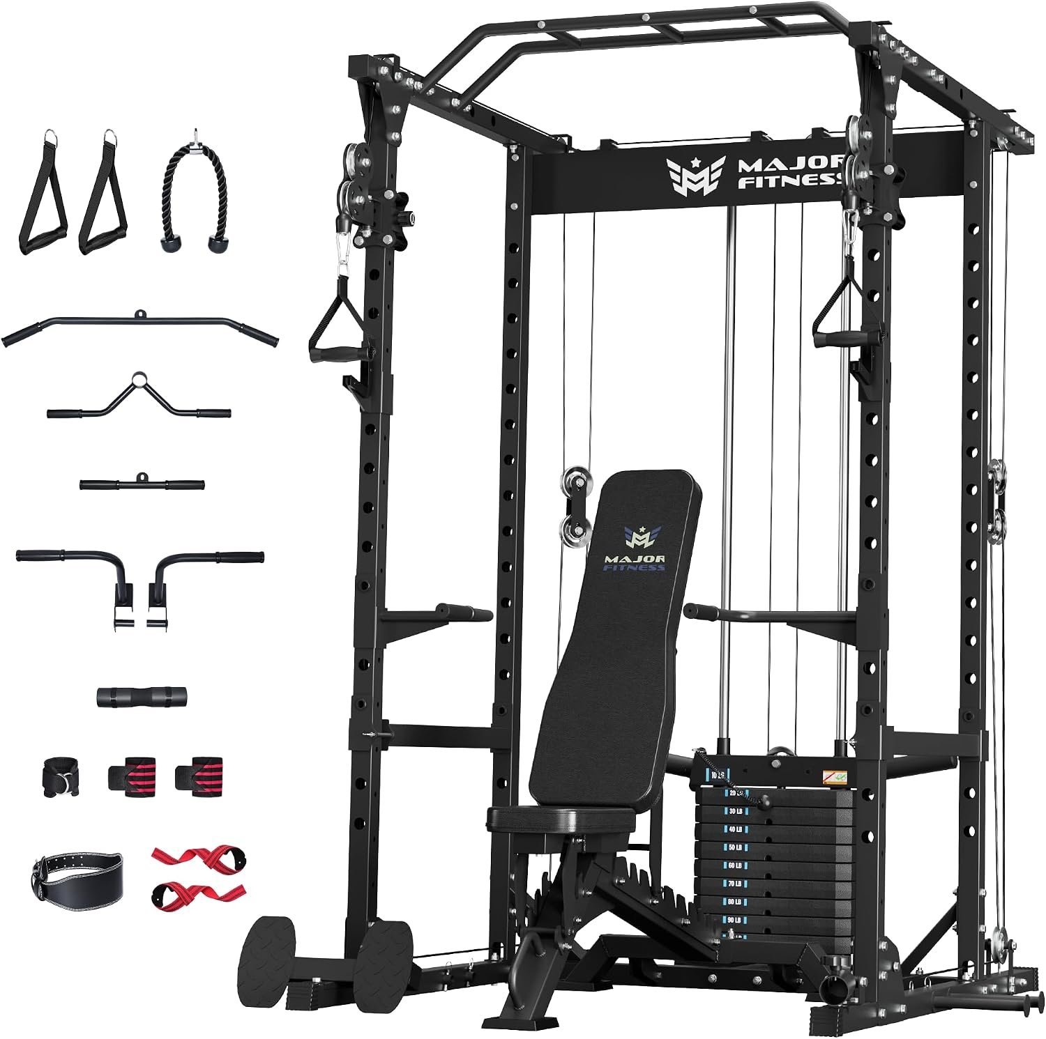 MAJOR FITNESS Power Cage Drone1 Premium- Multi-Function Power Rack for Home Gym, Squat Rack with Pull-up Bar, Cable Crossover System, J-Hooks, for Strength Training, Heavy-Duty Steel Construction