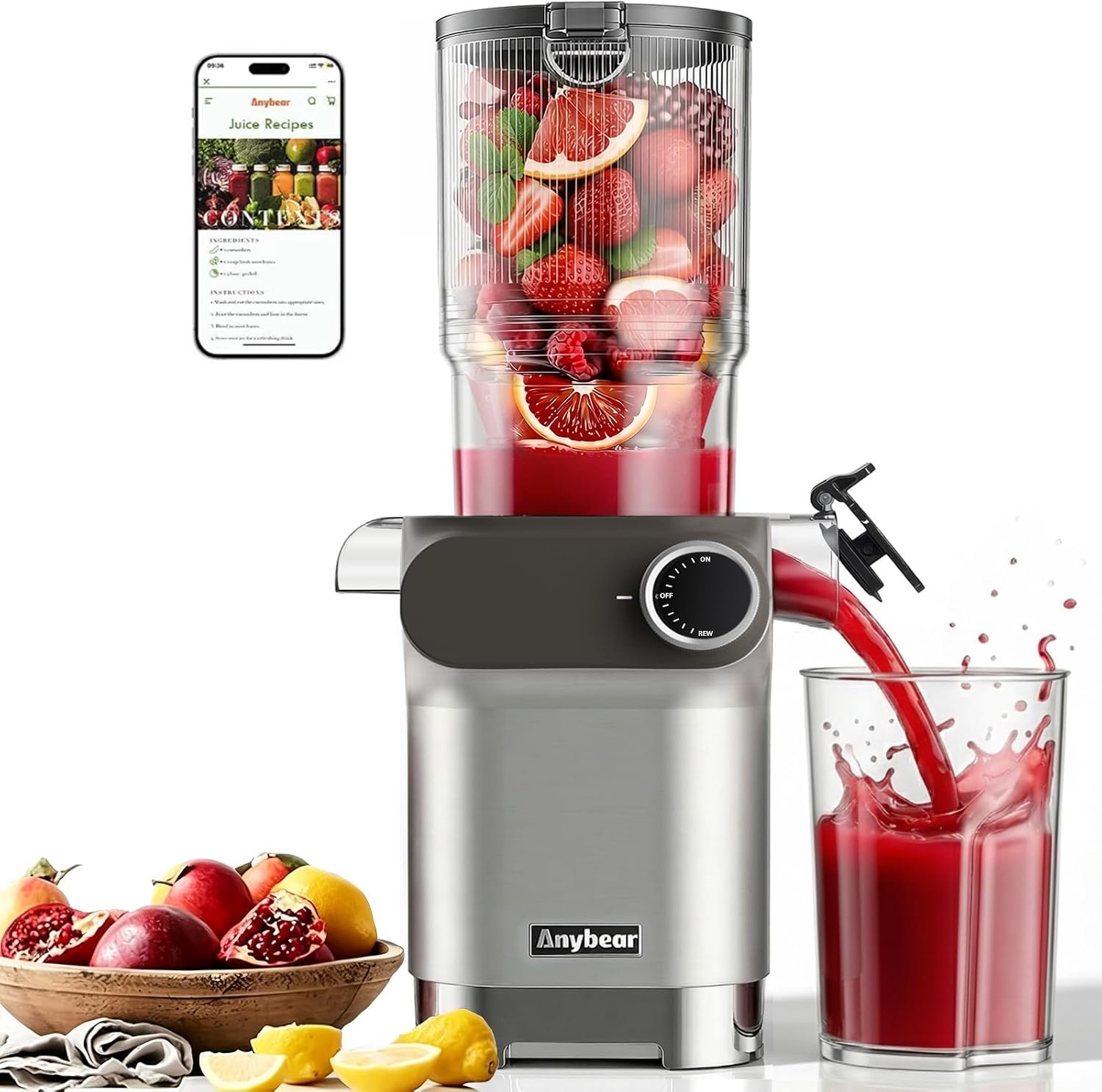 Anybear 200W Cold Press Juicer, 4.3″ Whole Fruit Chute, Upgraded Auger