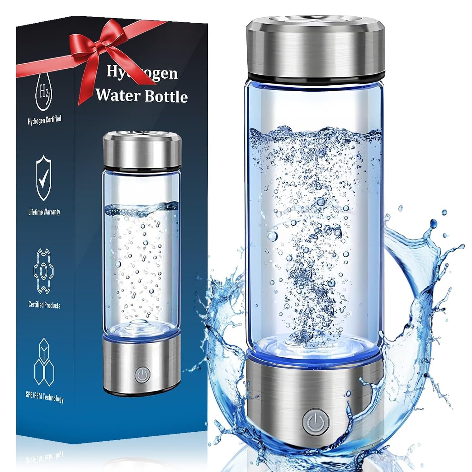 Hydrogen Water Bottle Generator, 14oz Glass, USB-C Rechargeable SPE PEM