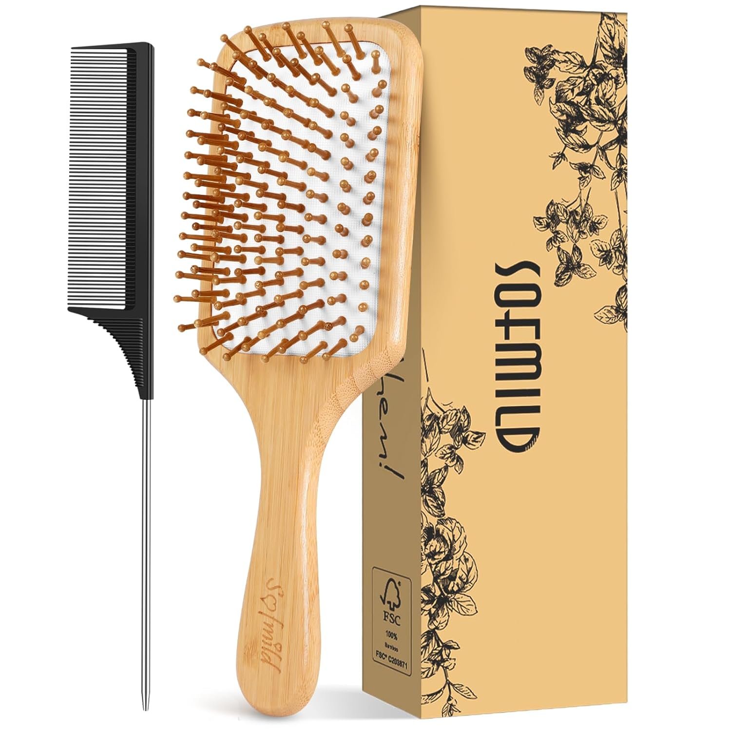 Sofmild Bamboo Hair Brush with Tail Comb, Detangling Paddle Brush