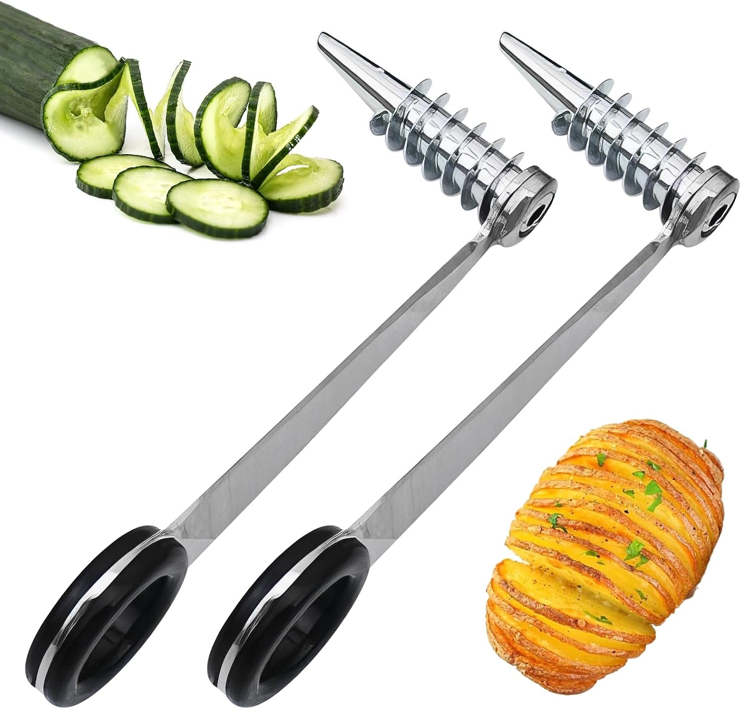 2 Pack Stainless Steel Spiral Cutter, Piranha Veggie Slicer for Potatoes, Carrots, Cucumbers, Zucchini, Easy to Use, Ideal for Salads & Garnishes