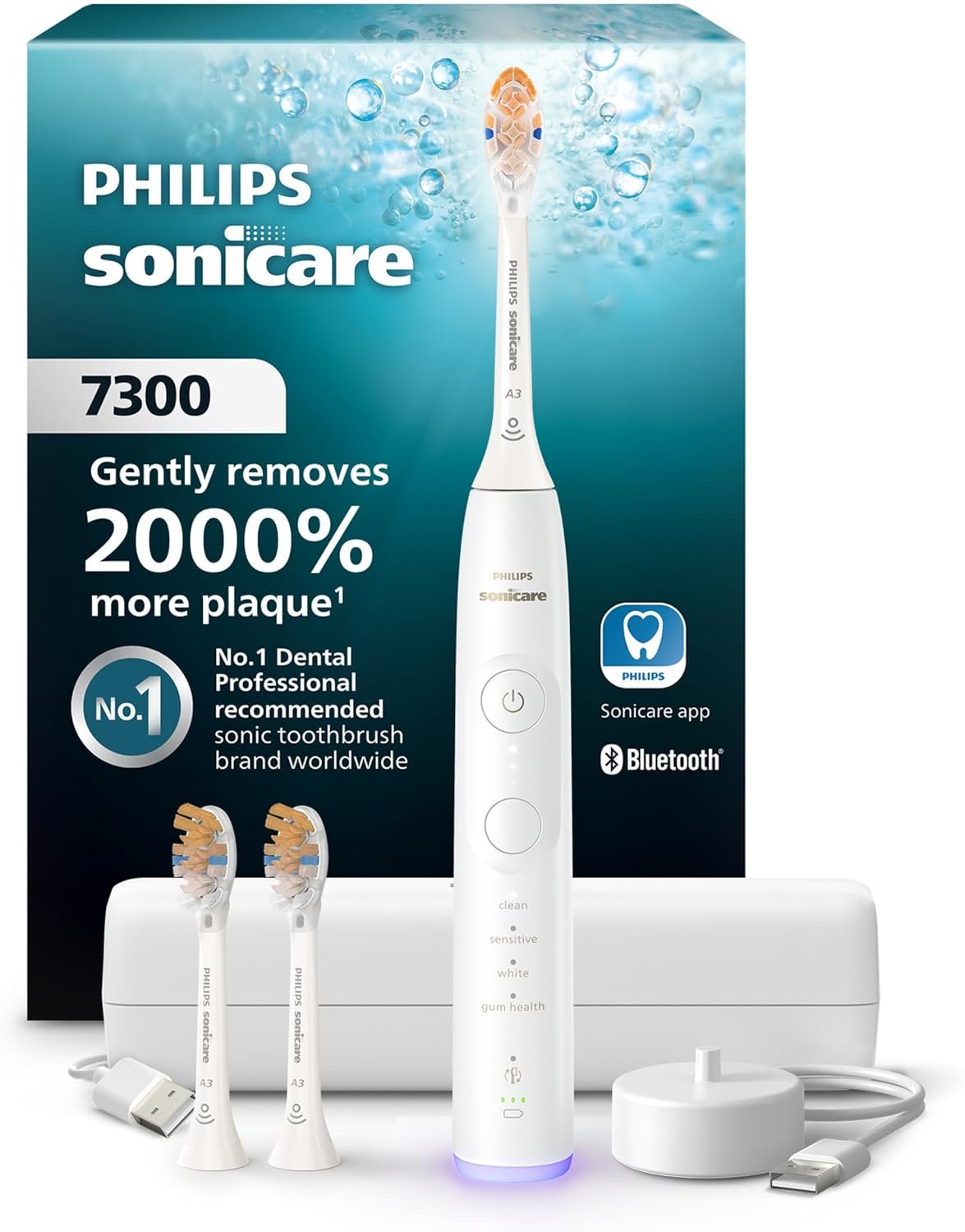 Philips Sonicare 7300 Rechargeable Electric Toothbrush, 3 Brush Head, White