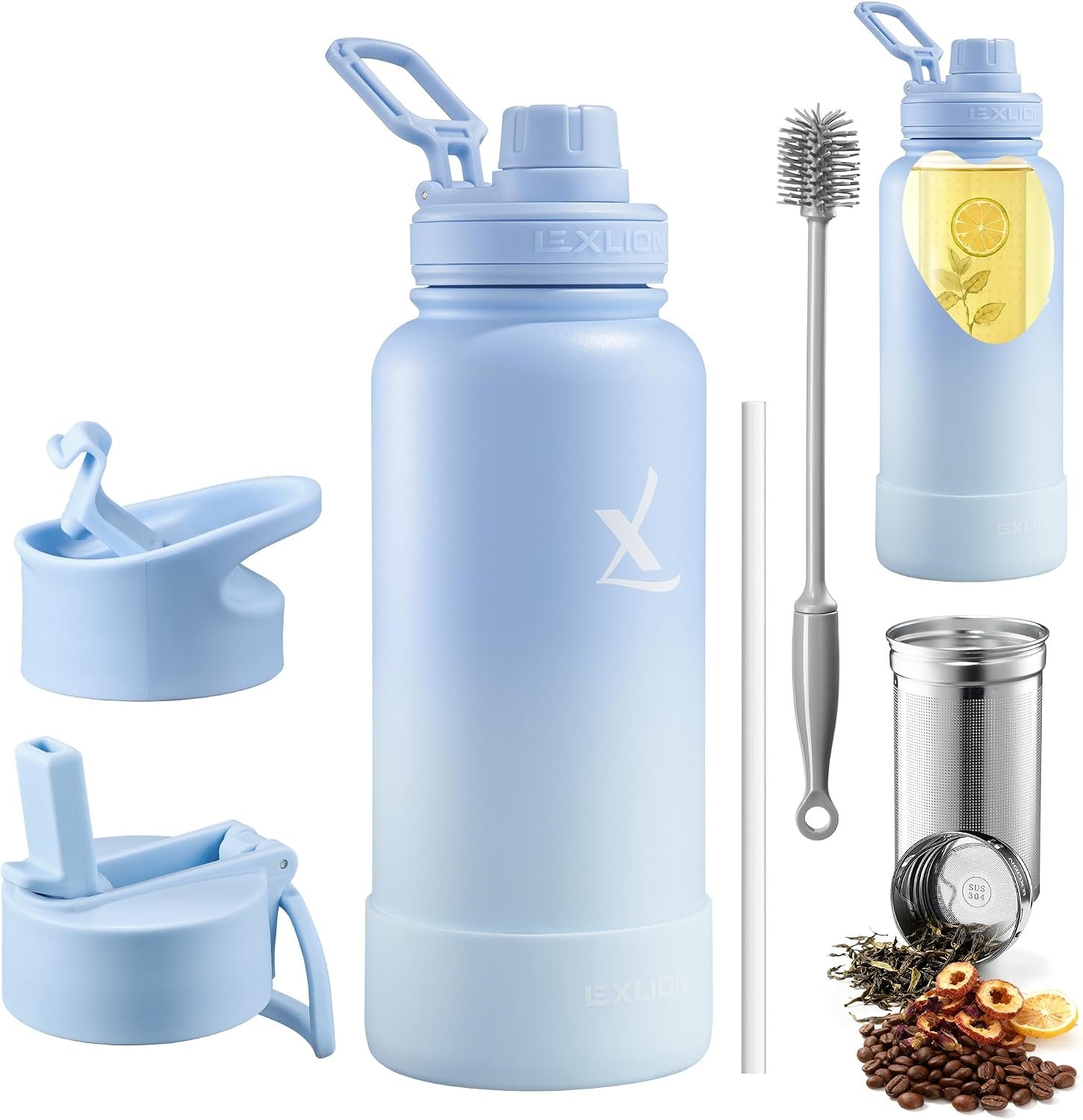 Lexlion Tea Infuser Water Bottle 32 Oz – Triple Wall Insulated Stainless Steel, Loose Leaf & Fruit Strainer, 3 Leakproof Lids, BPA-Free Silicone Sleeve, Reusable Thermal Mug