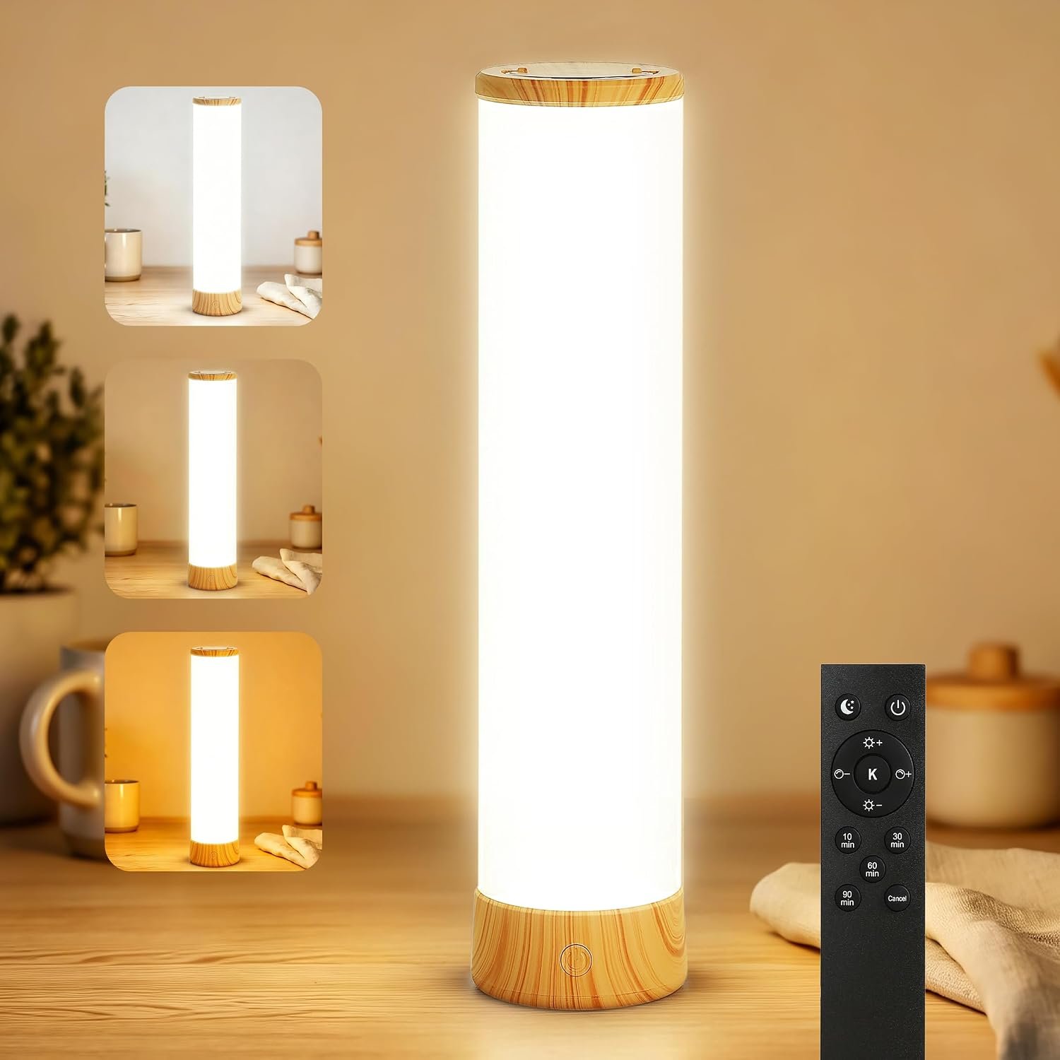 Light Therapy Lamp, 15,000 Lux Sun Lamp with Remote, Large 12.7″ Full Spectrum UV-Free Happy Therapy Light with Stepless Color Temperatures and Dimming, 4 Timers for Home&Office, Wood Grain