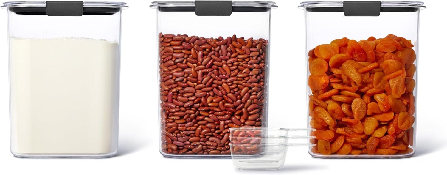 Rubbermaid Brilliance BPA-Free Food Storage Containers with Lids Airtight Kitchen and Pantry Organization Set Includes 3 Containers and Scoops Clear 16 cups