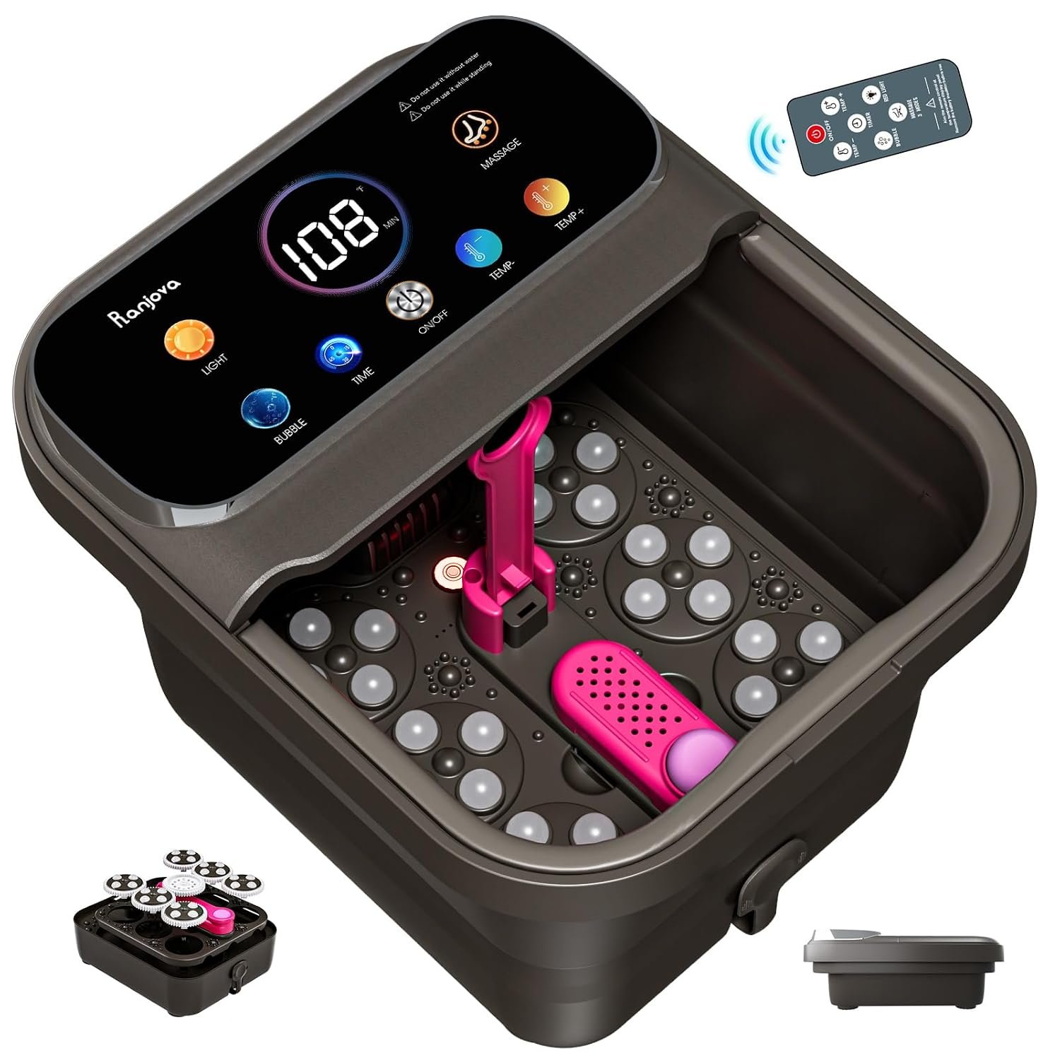 Ranjova Foot Spa Electric Rotary Massage, with Color Touch Screen and Remote Control, Foot Bath Massager with Heat, Bubble, Adjustable Temp, and 24 Motorized Shiatsu Massage Balls (Dark Grey)