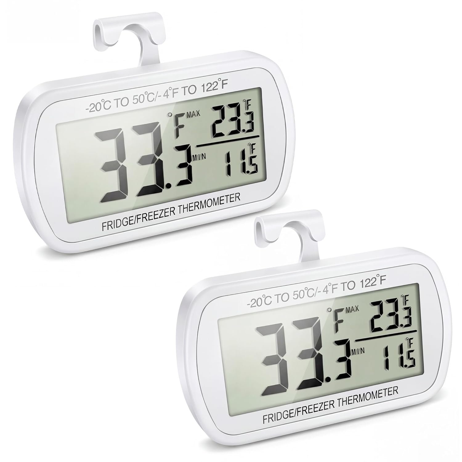 Waterproof Refrigerator Fridge Thermometer, Digital Freezer Room Thermometer, Max/Min Record Function Large LCD Screen and Magnetic Back for Kitchen, Home, Restaurants (2 Pack)