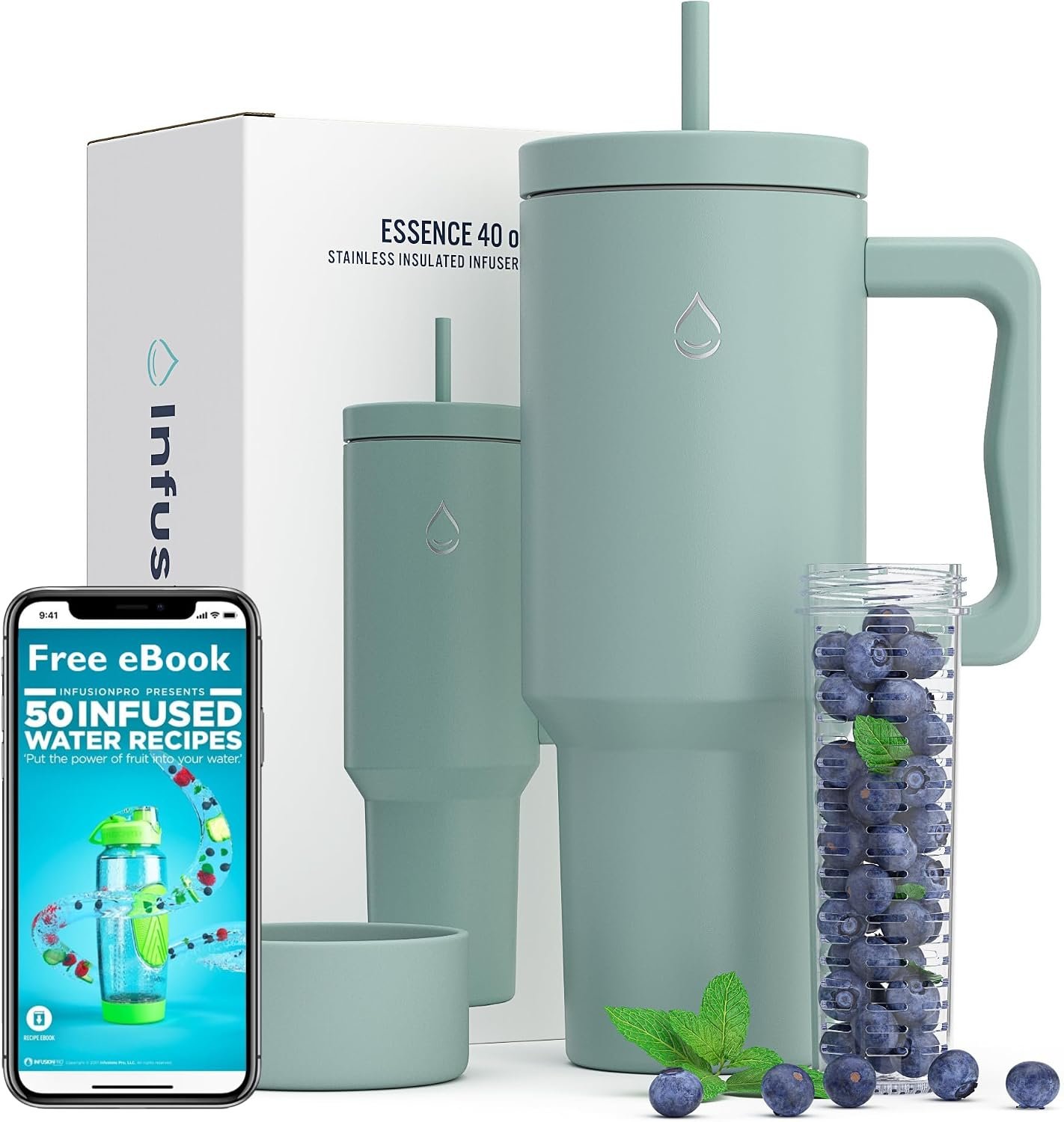 Fruit Infuser Tumbler, 40 oz with Handle & Straw Lid, Blue Surf