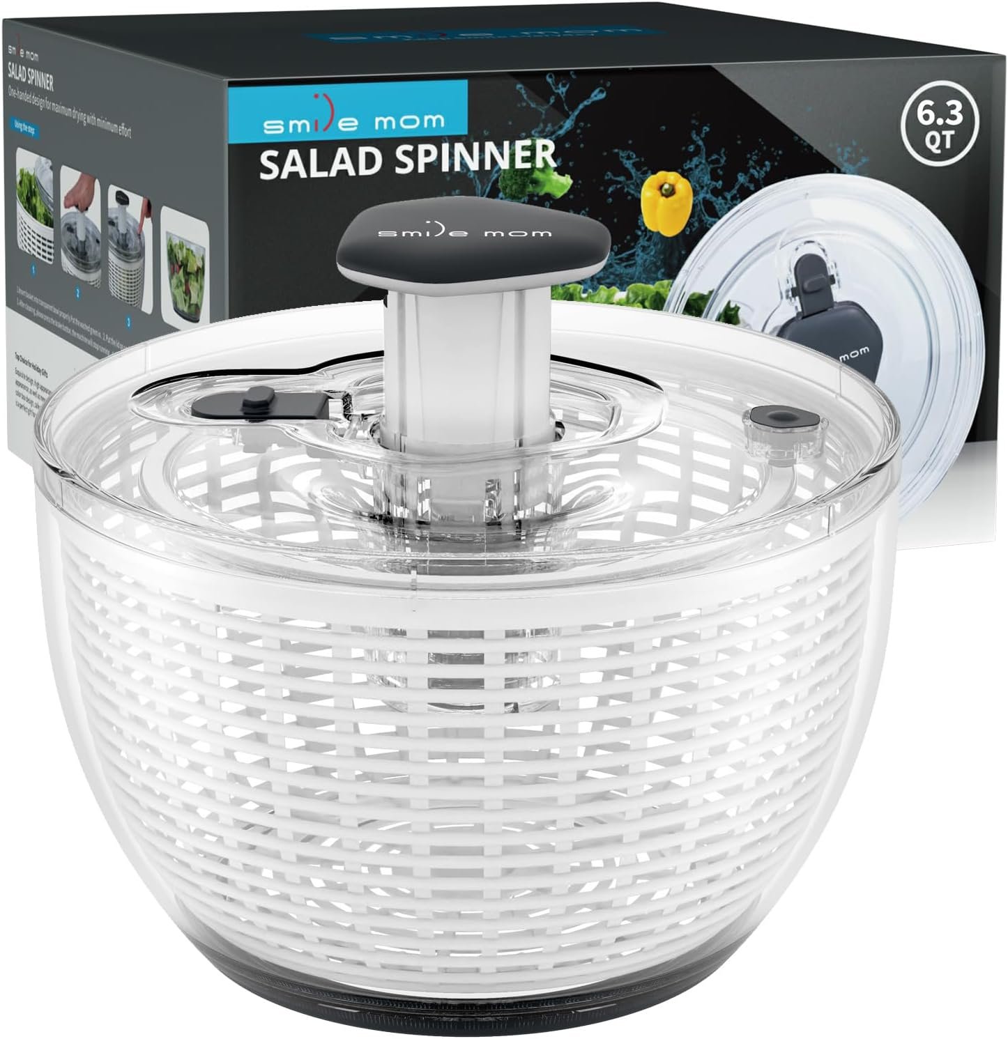 Salad Spinner Large Lettuce Spinner Kitchen Gadgets, Large Salad Spinner Vegetable Washer, High Efficiency for Kitchen Washing & Drying Leafy Vegetables, One-Handed Easy Press 6.3 Qt White