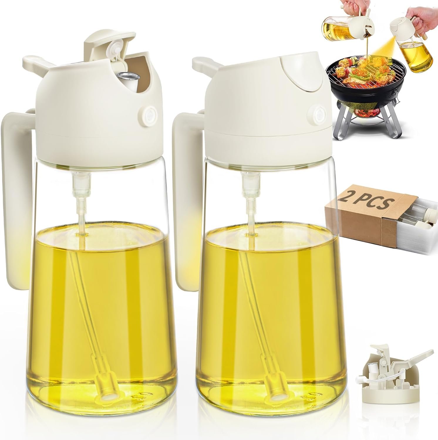 Oil Sprayer for Cooking 2pcs,2 in 1 Oil Dispenser and Oils Sprayer Kitchen Gadgets-16oz Glass Oils Spray Bottle,Mist Olive OilDispenser,Air Fryer,Salad,Grill (White Kitchen Accessories)