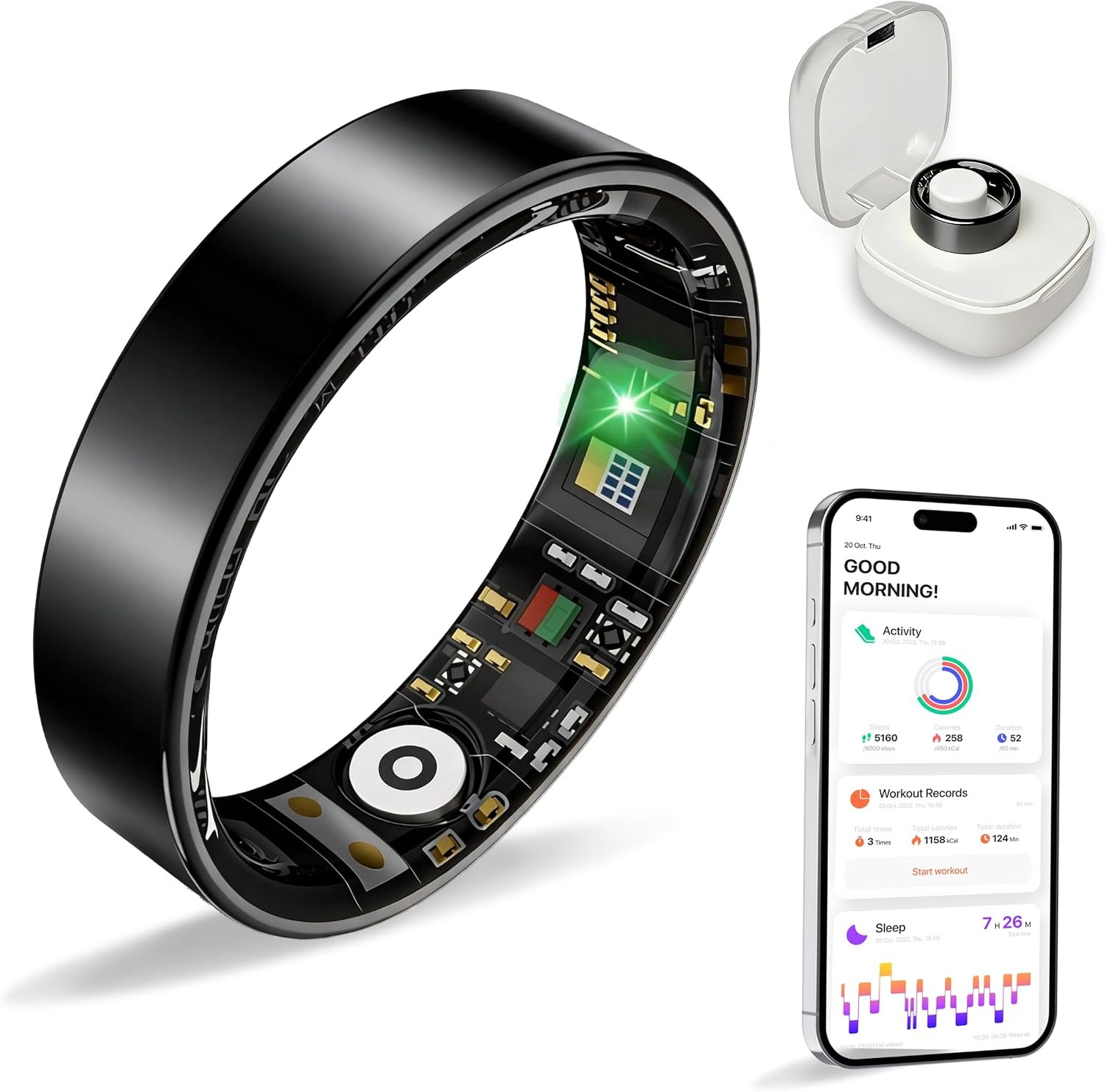 BIEMHA Women Men Smart Ring Health Tracker, Sleep Exercise Health Monitoring Wearable Device, IP68 Waterproof, iOS/Android Compatible, No Subscription Required, 5‑Day Long Lasting Battery (Black, 10)