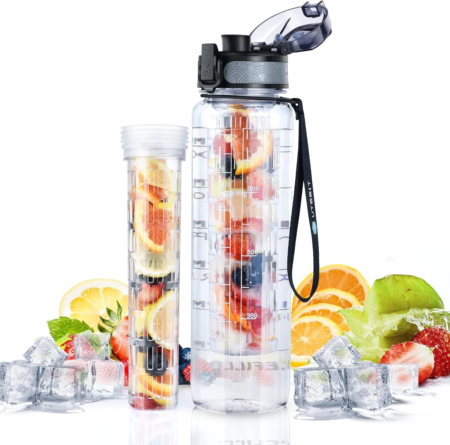 UTEBIT 32 OZ Fruit Infuser Water Bottle with Time Maker, Clear