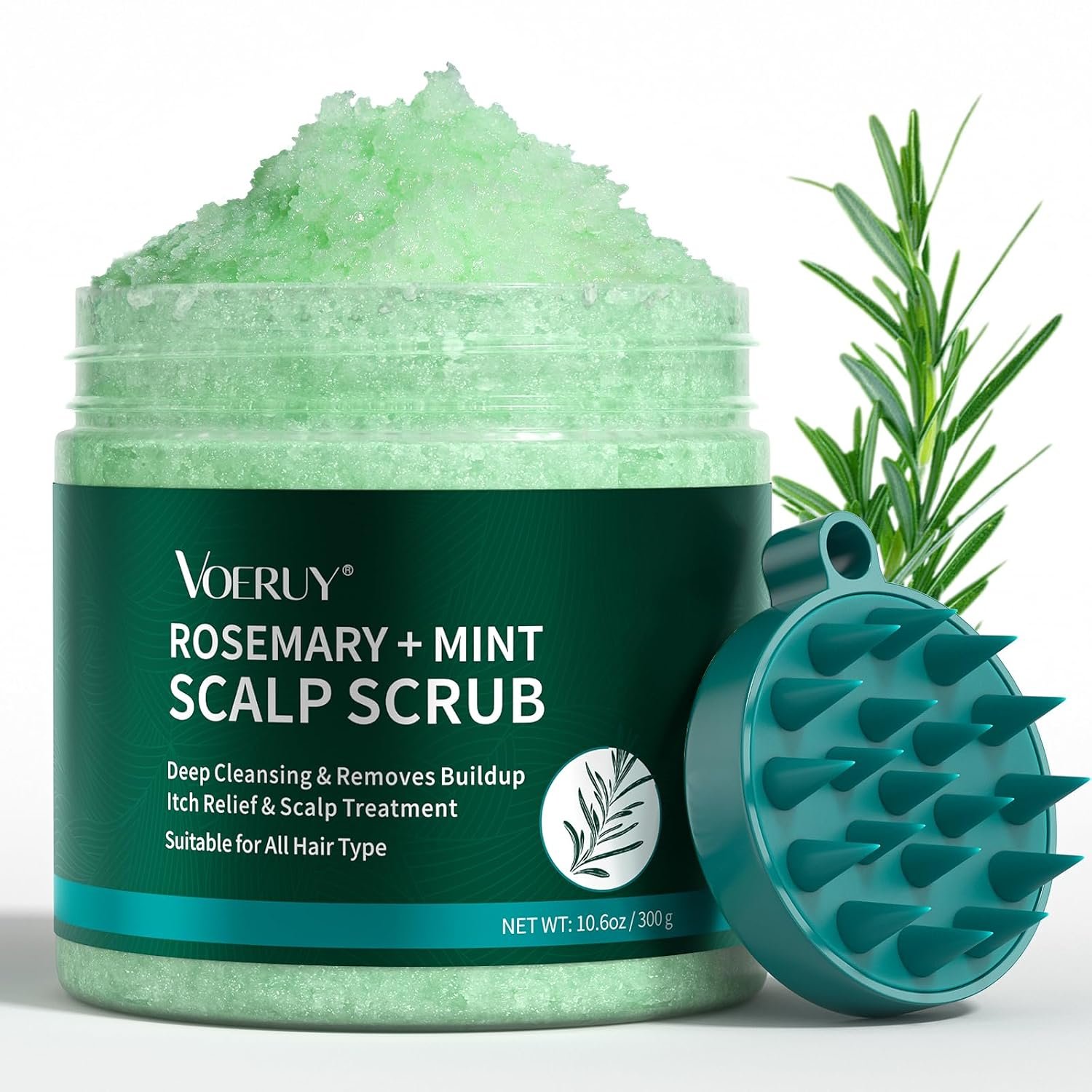 VOERUY Scalp Scrub, Rosemary Scalp Exfoliator Scrub Shampoo, 2-in-1 Scalp Treatment with Mint Oil, Hair Treatment to Clarify and Remove Build Up with Silicone Scalp Massager, 10.6oz/300g