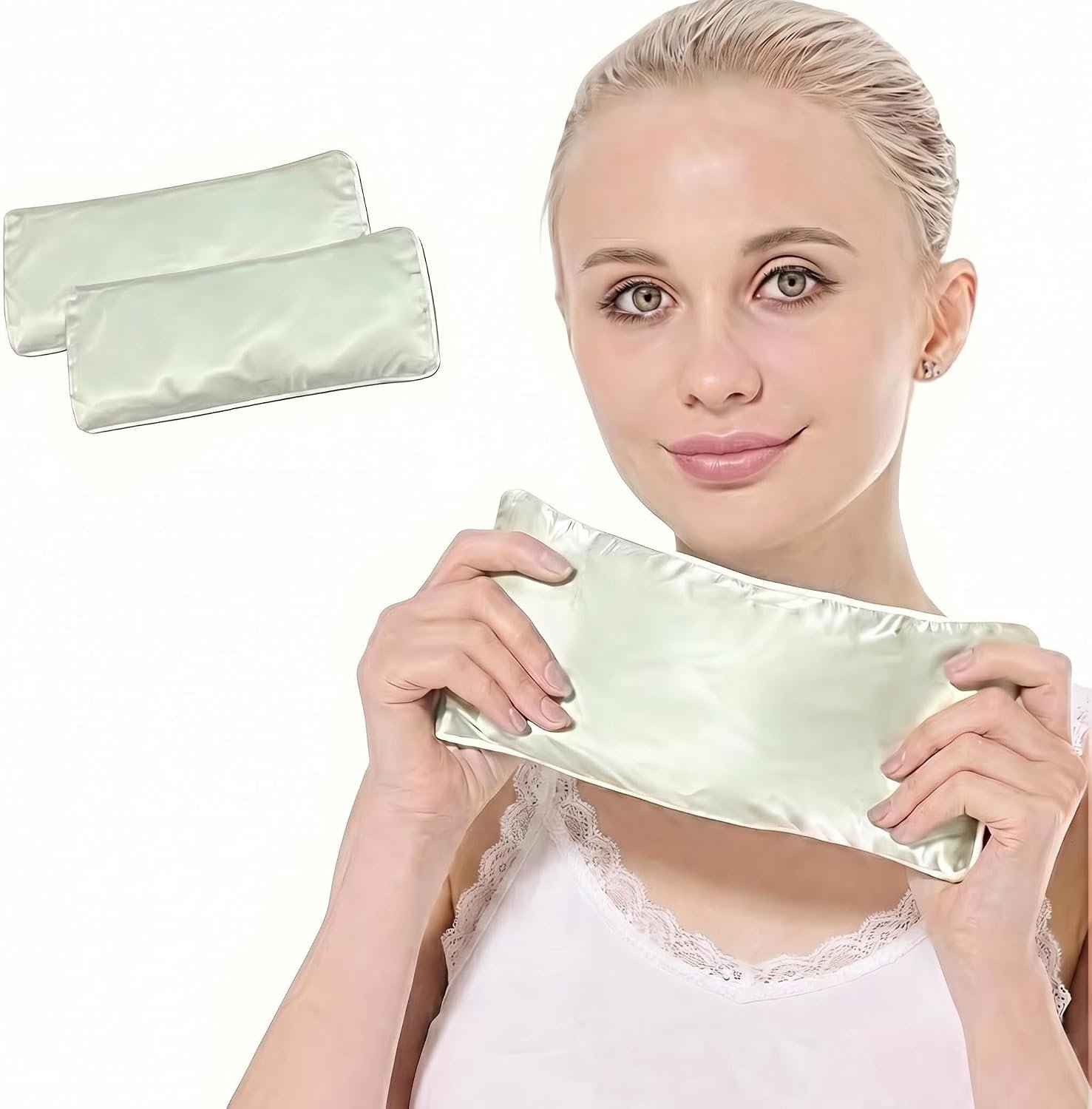 Flexseed Eye Pillow, Hot or Cold Weighted Satin Eye Mask, Microwaveable Moist Heat Eye Compress, Unscented Washable, Perfect for Sleeping, Yoga, Migraine Relief, Pack of 2 (Green)