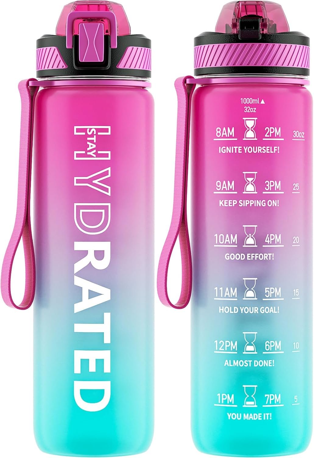 QLUR Water Bottle with Straw, 32oz Sports Water Bottles with Time Marker