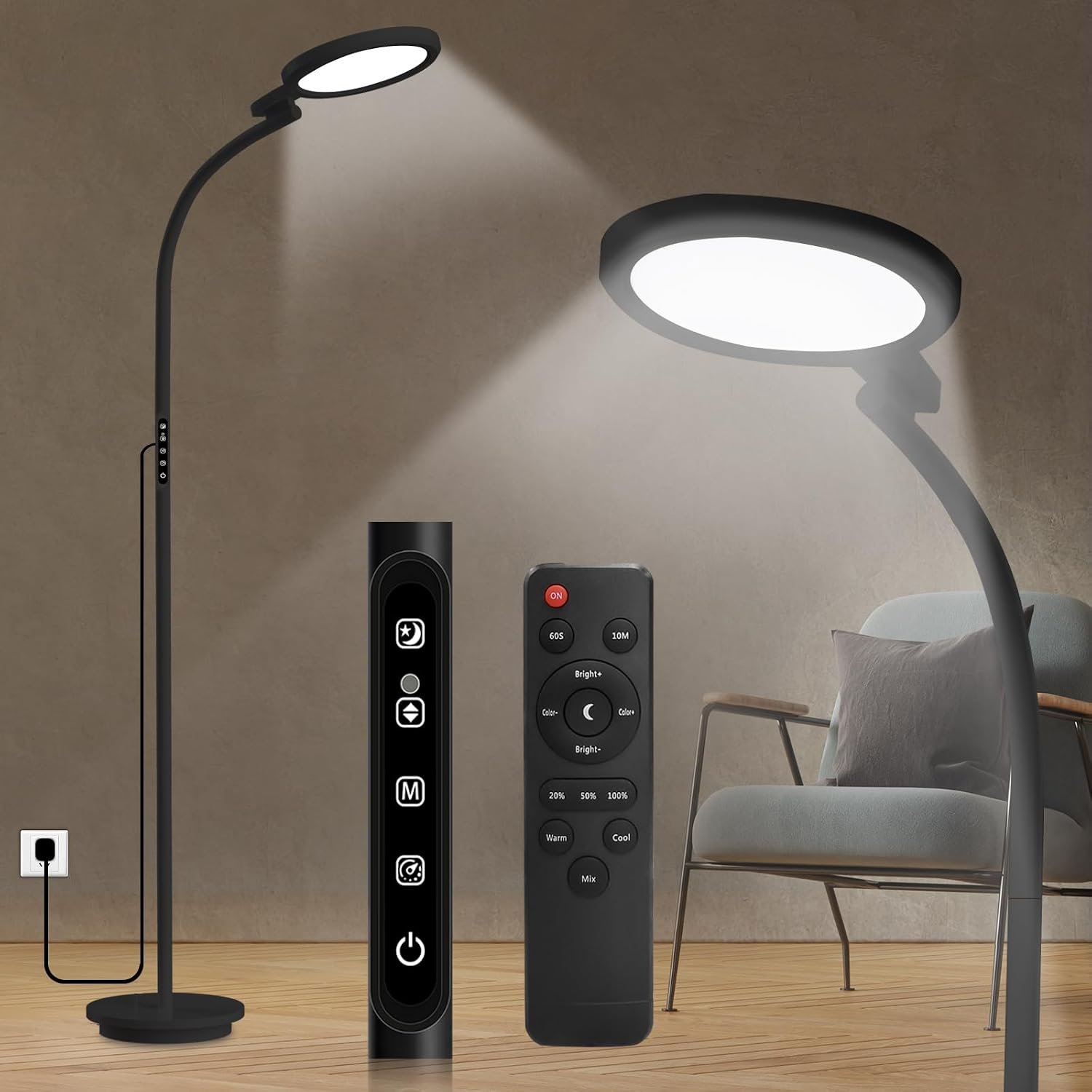 Light Therapy Lamp 10000 Lux UV-Free Sun Floor Lamp, 360° Gooseneck Happy Lamp with 5 Colors & 5 Brightness Levels & Remote Control + Touch Dual Control (Black)