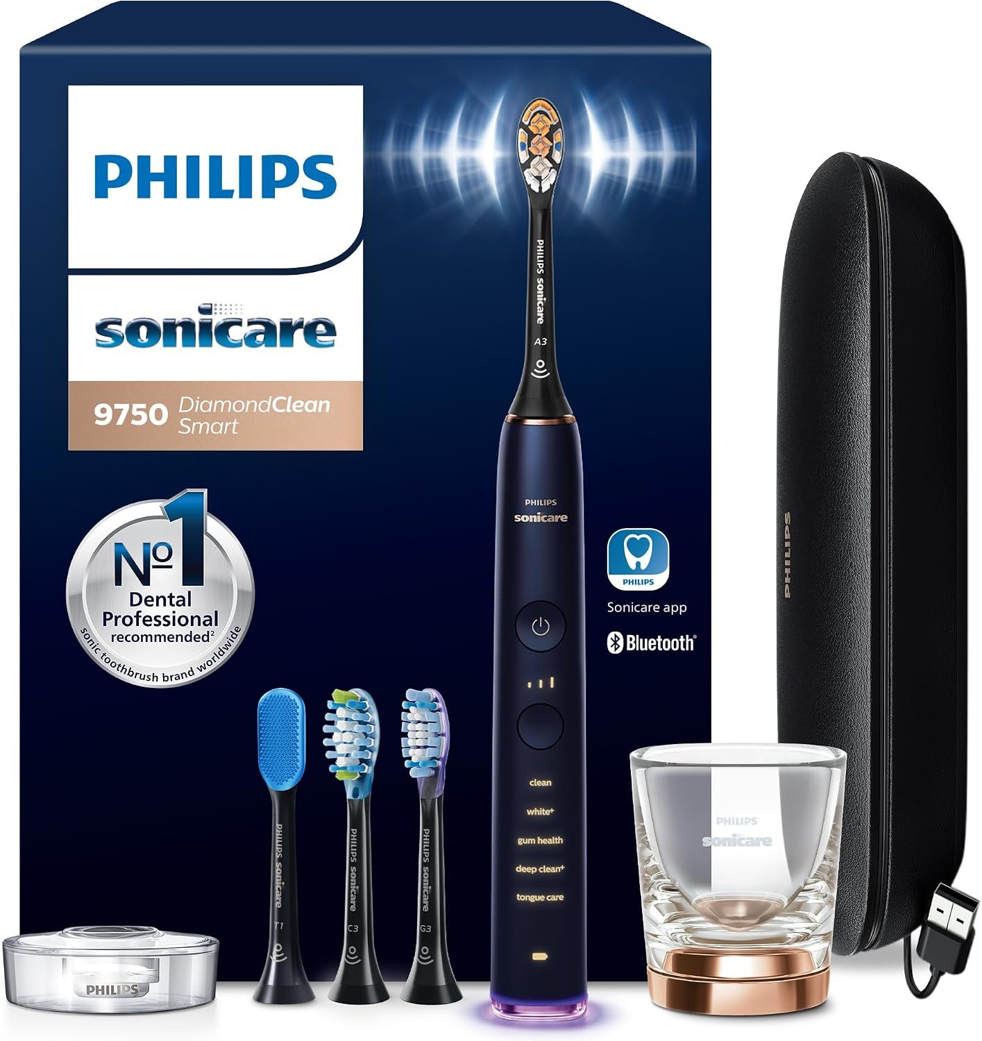 Philips Sonicare DiamondClean 9750 Electric Toothbrush, 4 Brush Heads, Blue