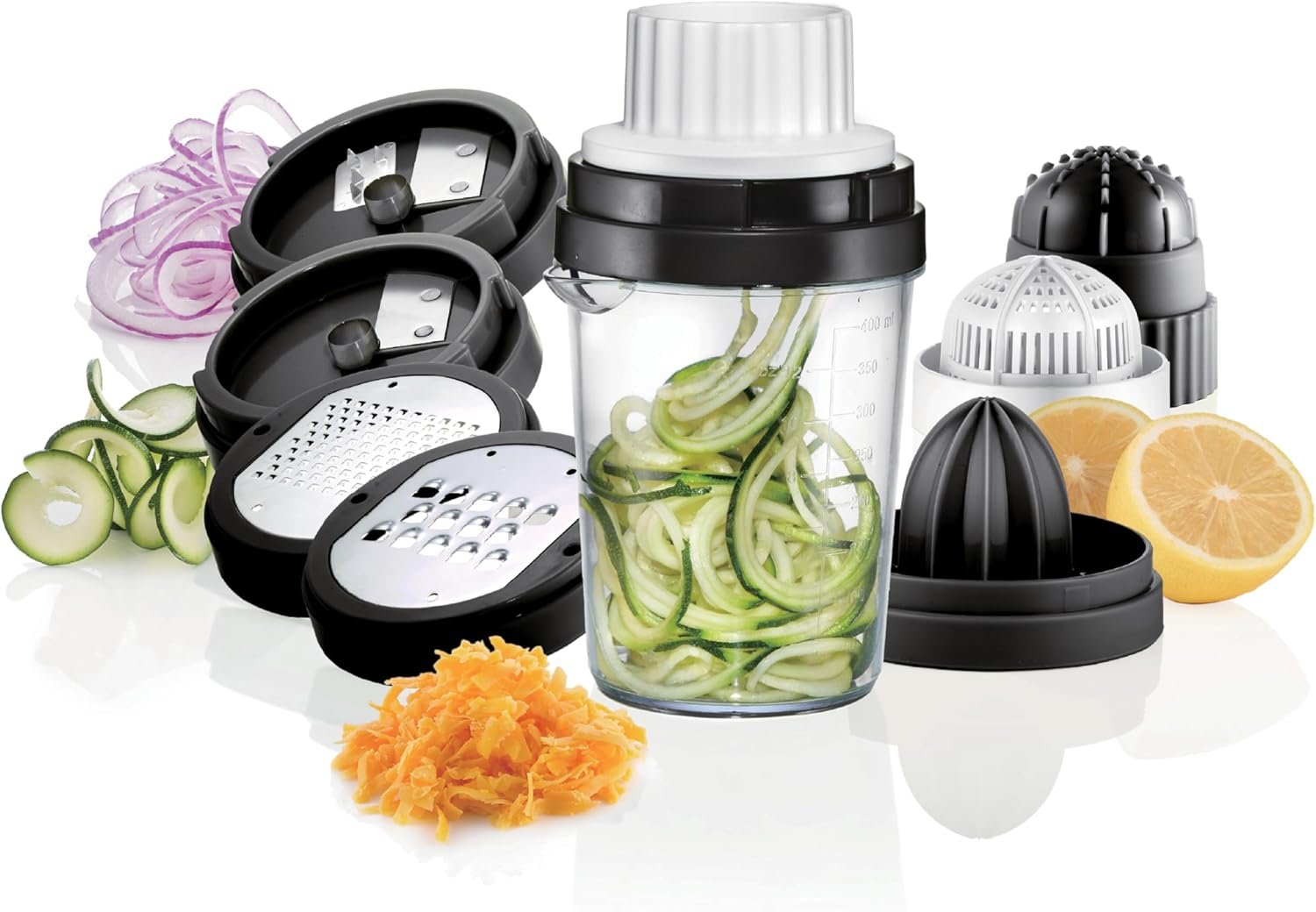 Nourished Essentials 8-in-1 Spiralizer Juicer Grater Set of 9 – Compact Plastic Vegetable Noodle Maker with Stainless Steel Blades – Dishwasher Safe – Spiralizer for Veggie Noodles