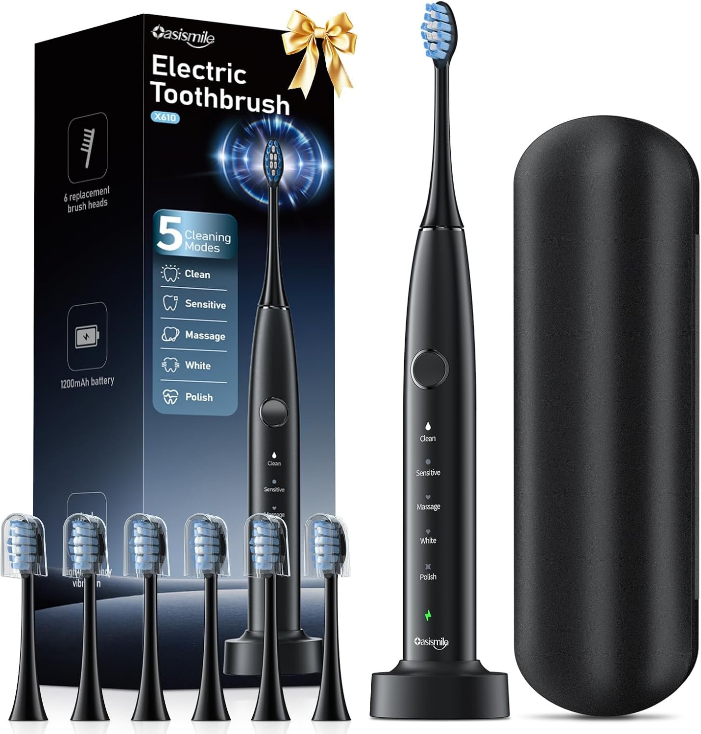 OasiSmile X610 Sonic Electric Toothbrush for Adults,5 Modes & 6 Brush Heads