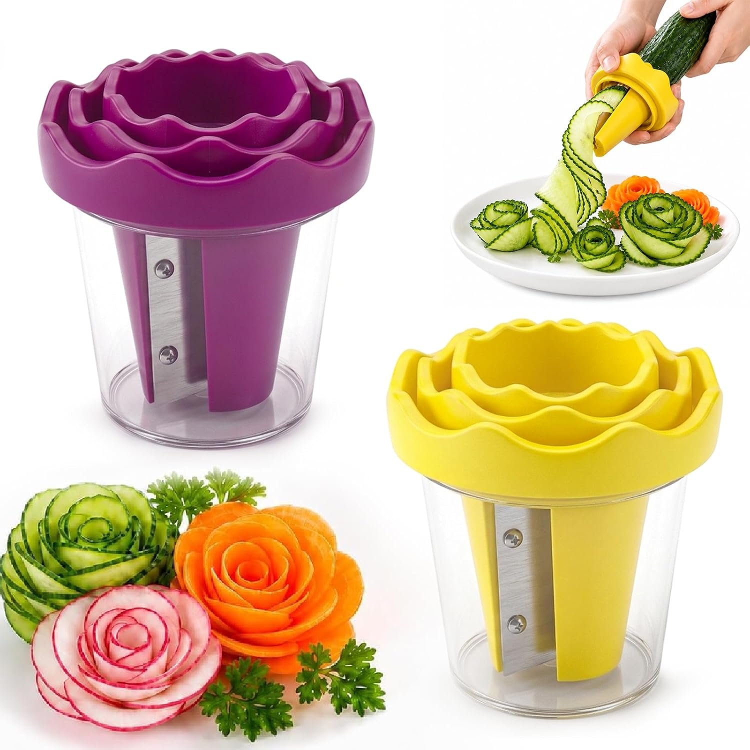 2Pcs Manual Vegetable Spiralizer and Curler for Rose Flower Carving, Carrot Cucumber Rose Garnishing Slicer, Kitchen Food Garnish Decor Tool (Yellow+Red)