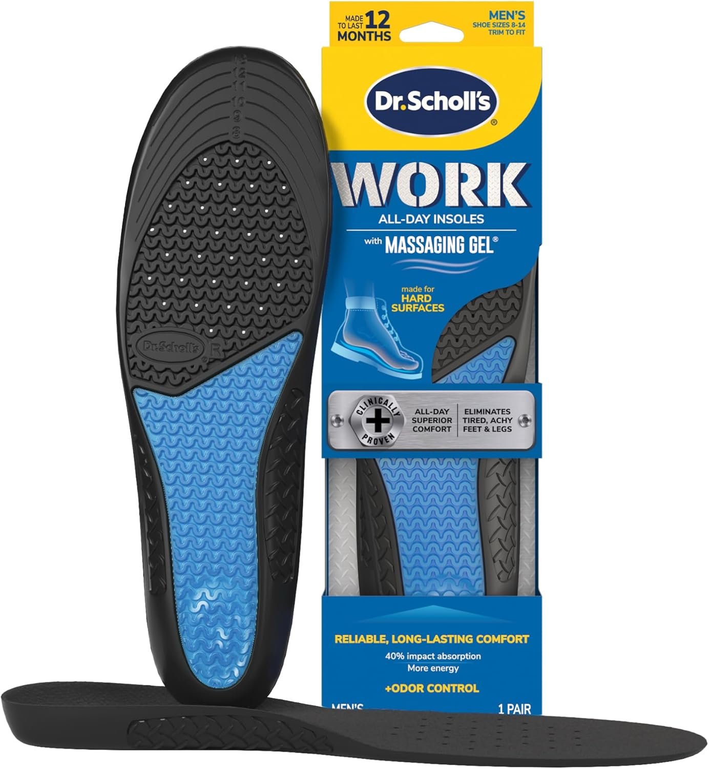 Dr. Scholl’s Work All-Day Superior Comfort Insoles (with) Massaging Gel, Men, 1 Pair, Trim to Fit