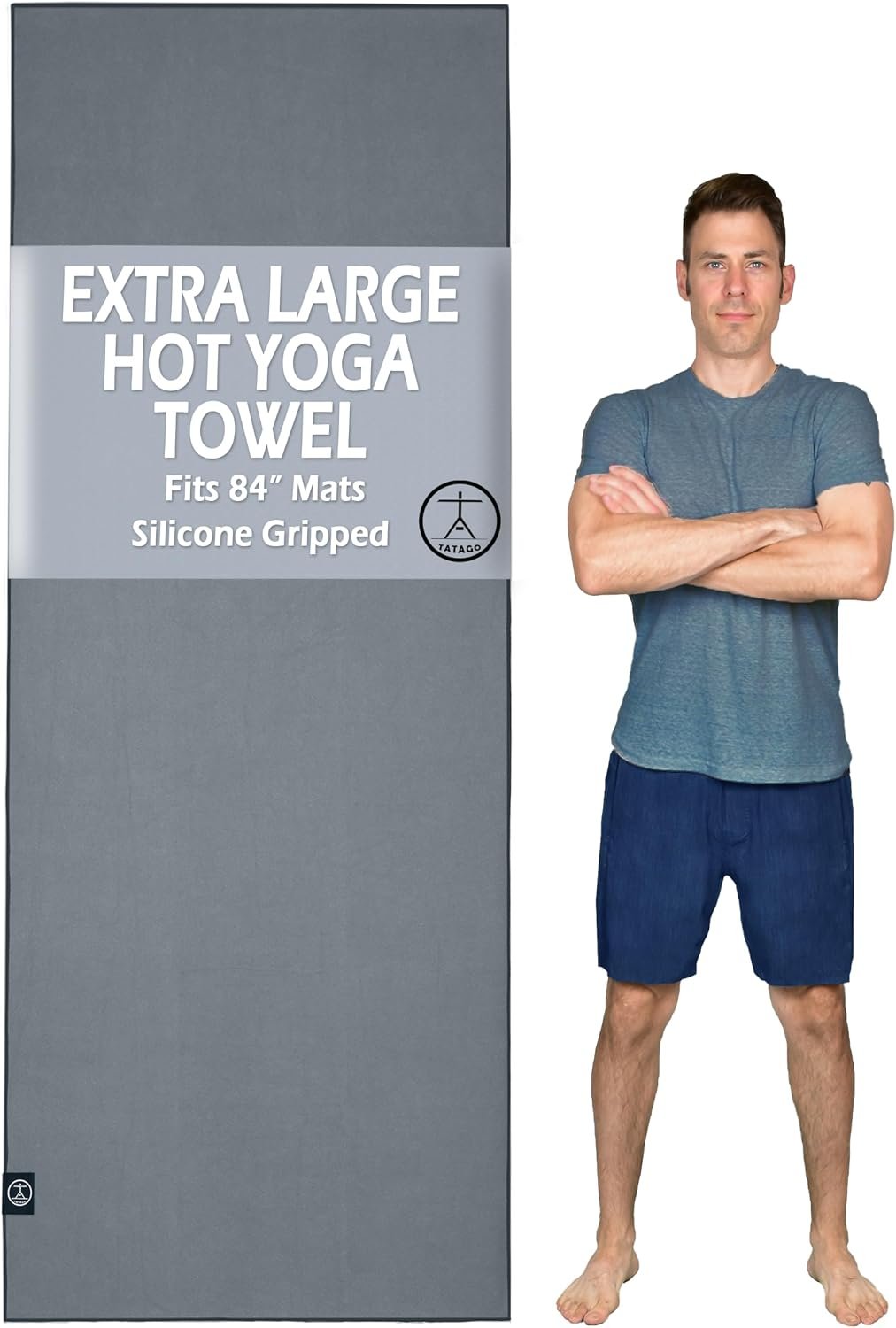 Tatago Hot Yoga Mat Towel Non Slip for Hot Yoga (72-84 inch Mats) Our Hot Yoga Towel Non Slip Silicone Dabs & Absorbent Microfiber Blend Gives You More Grip As You Drip! (Nube Gris, XL – 84″)