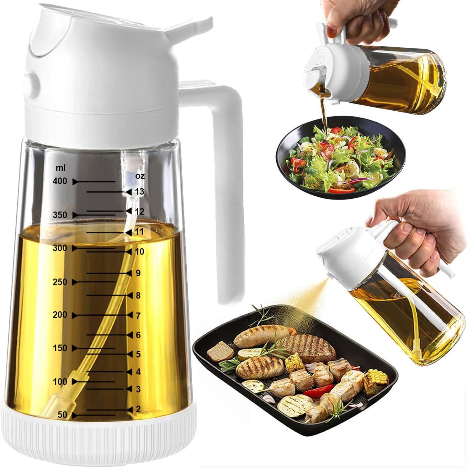 TrendPlain 16oz/470ml Glass Olive Oil Sprayer for Cooking – 2 in 1 Olive Oil Dispenser Bottle for Kitchen Gadgets and Air Fryer Accessories, Salad, BBQ – White