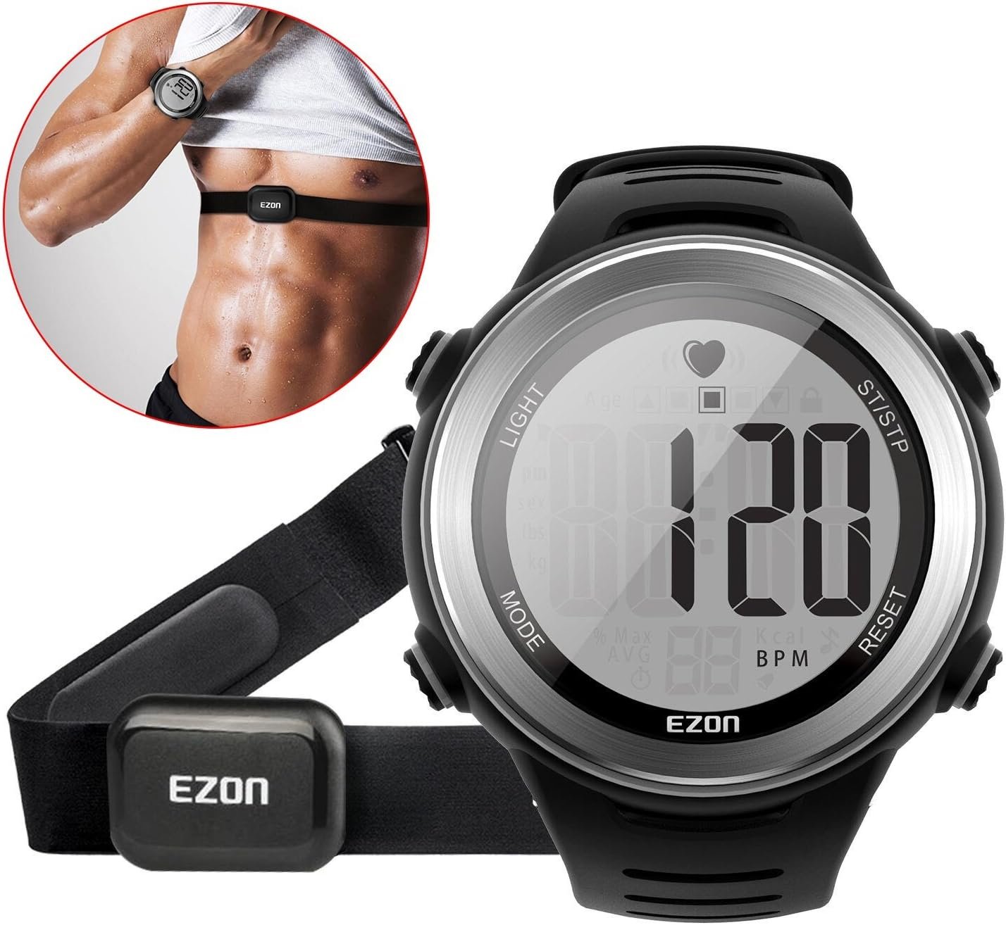 Heart Rate Monitor and Chest Strap, Exercise Heart Rate Monitor, Sports Watch with HRM, Waterproof, Stopwatch, Hourly Chime T007