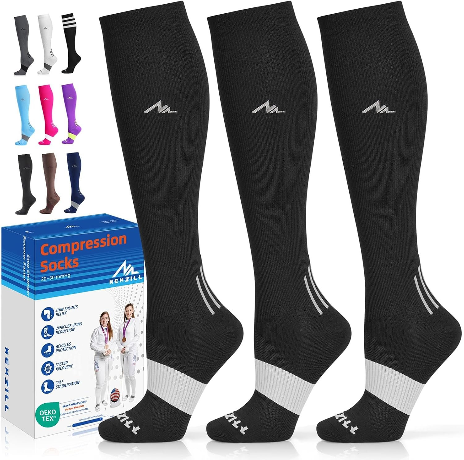 NEWZILL Compression Socks for Women & Men, 20-30 mmHg for Sports & Travel