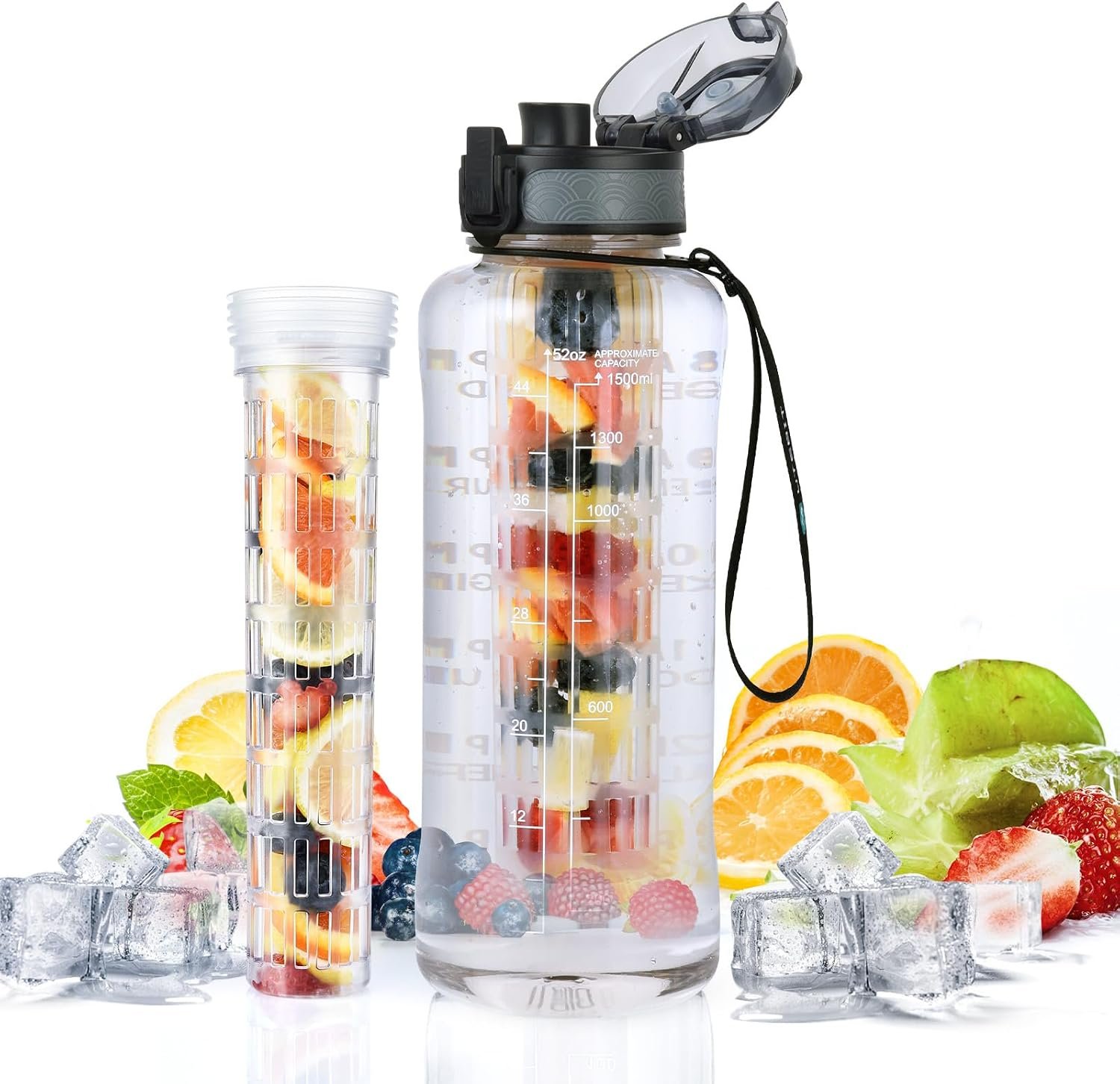 UTEBIT 52oz Fruit Infuser Water Bottle, with Time Marker & Straw & Chug Lid