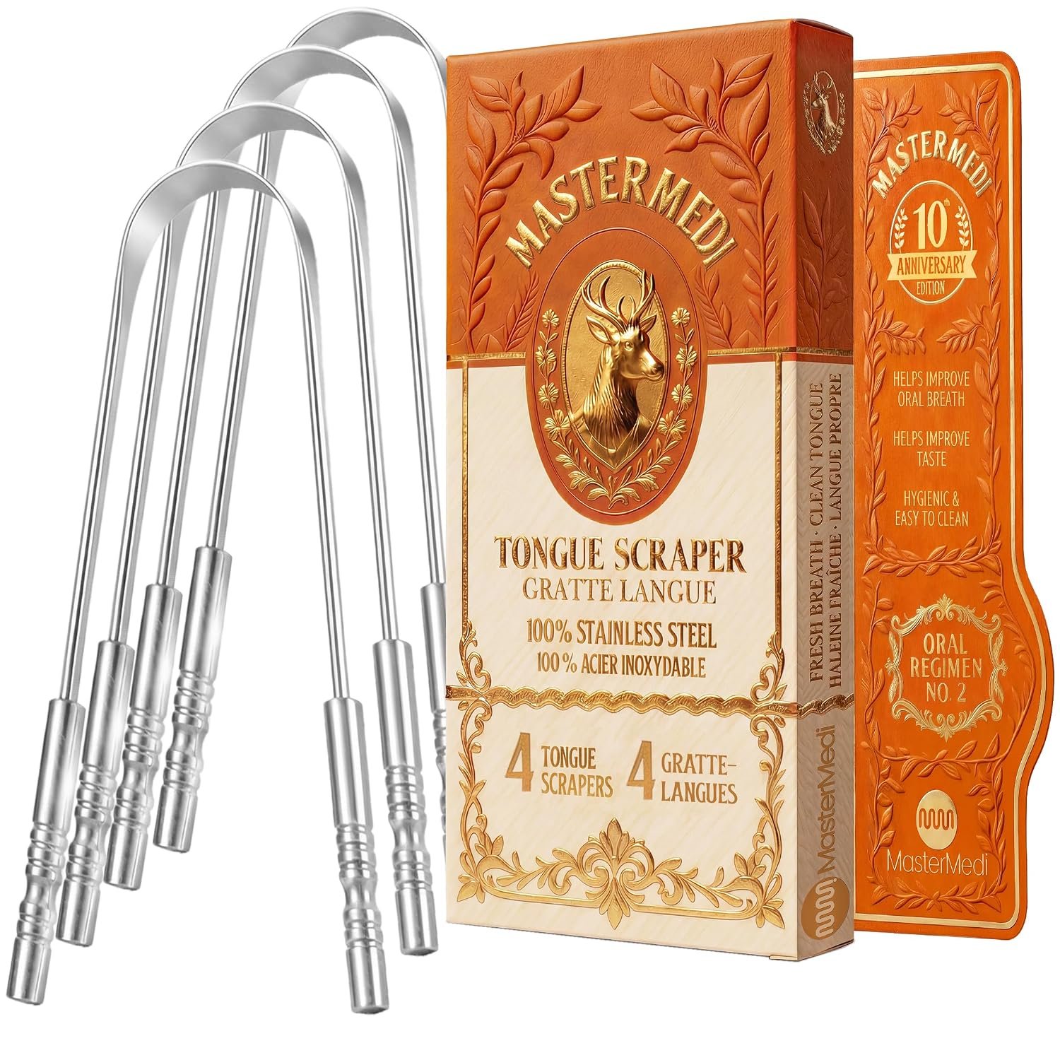 Tongue Cleaner Tongue Scraper Surgical Grade Stainless Steel Tongue Brush Dental Kit Professional Eliminate Bad Breath With Non-synthetic Grip (Family Pack (4 pcs)