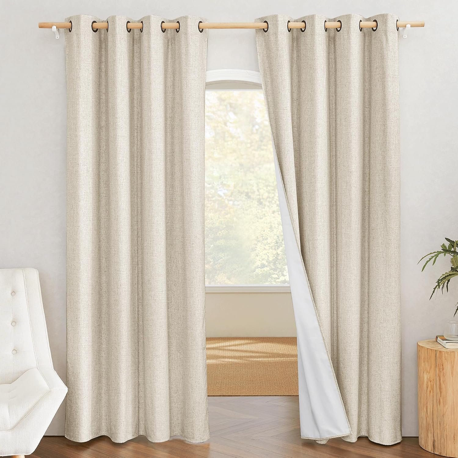 NICETOWN Natural 100% Blackout Linen Curtains 84 inch Long Burg for Living Room, 1 Pair, 52″ Width Each Panel, Farmhouse Thick Completely Blackout Window Treatment Thermal Insulated Drapes