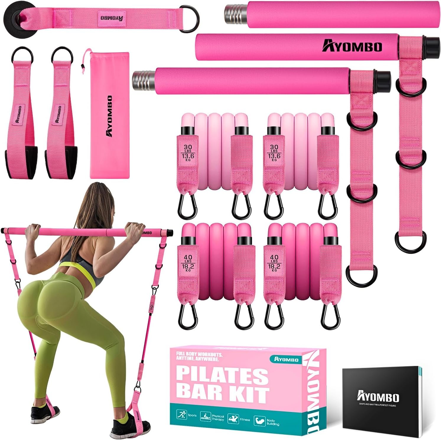 Ayombo Pilates Bar Kit with Resistance Bands, Adjustable Pink Workout Set